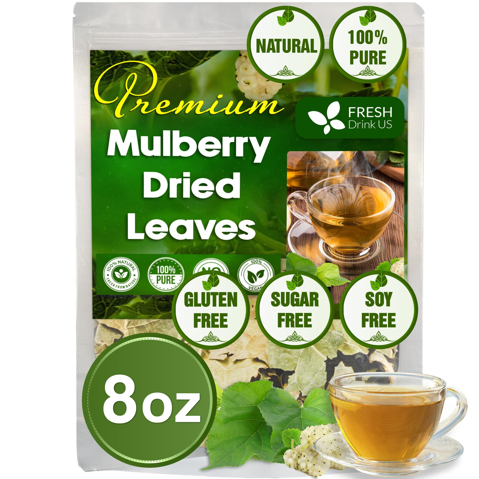FreshDrinkUS Premium 8oz Mulberry Leaves, 100% Natural & Pure, Mulberry Leaf Tea, No Additives, No Caffeine, Vegan