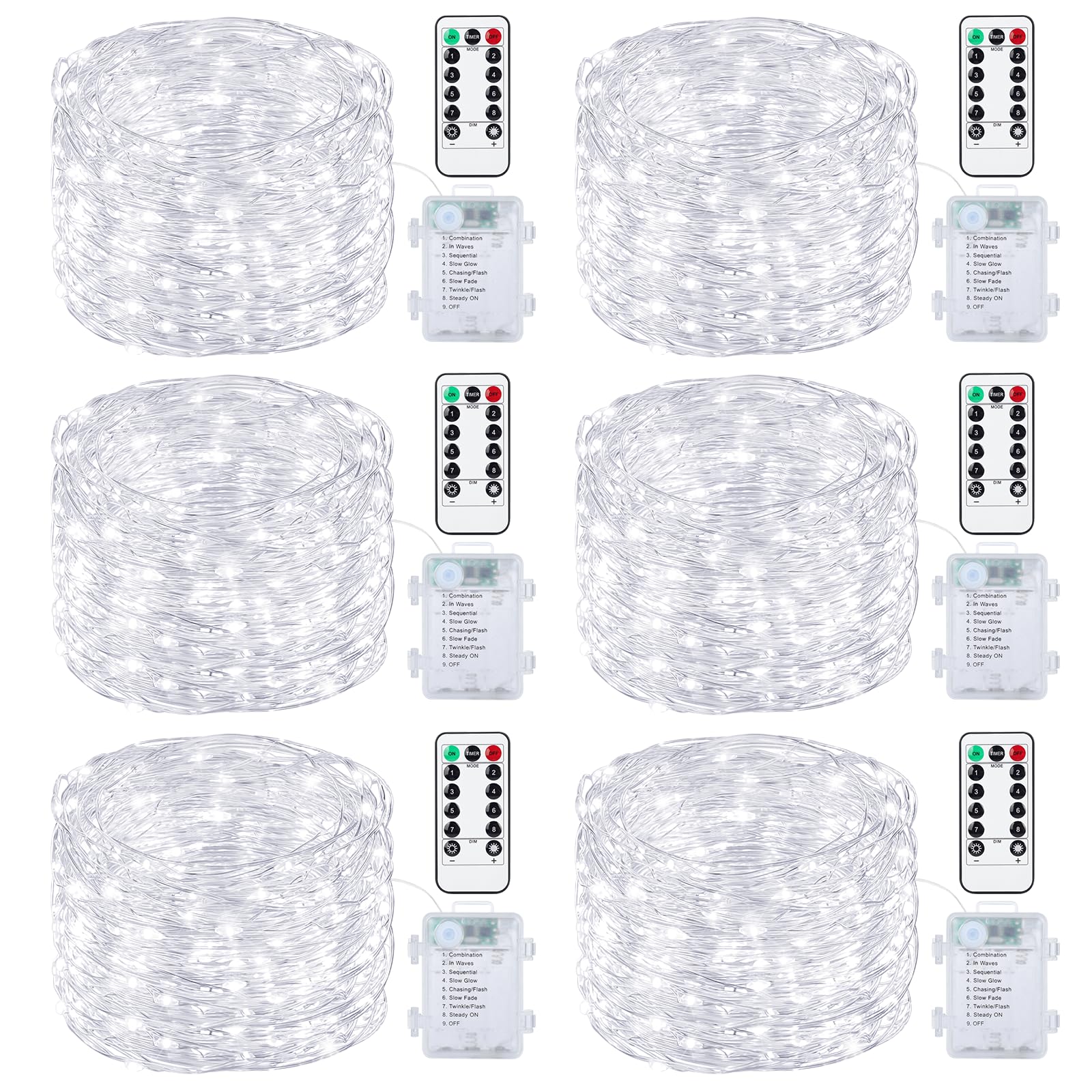 Mlambert Lot de 6 guirlandes lumineuses de 10 m à piles avec télécommande et minuterie, étanches à intensité variable, 8 modes, pour salle de classe, arrière-cour, fête, blanc froid