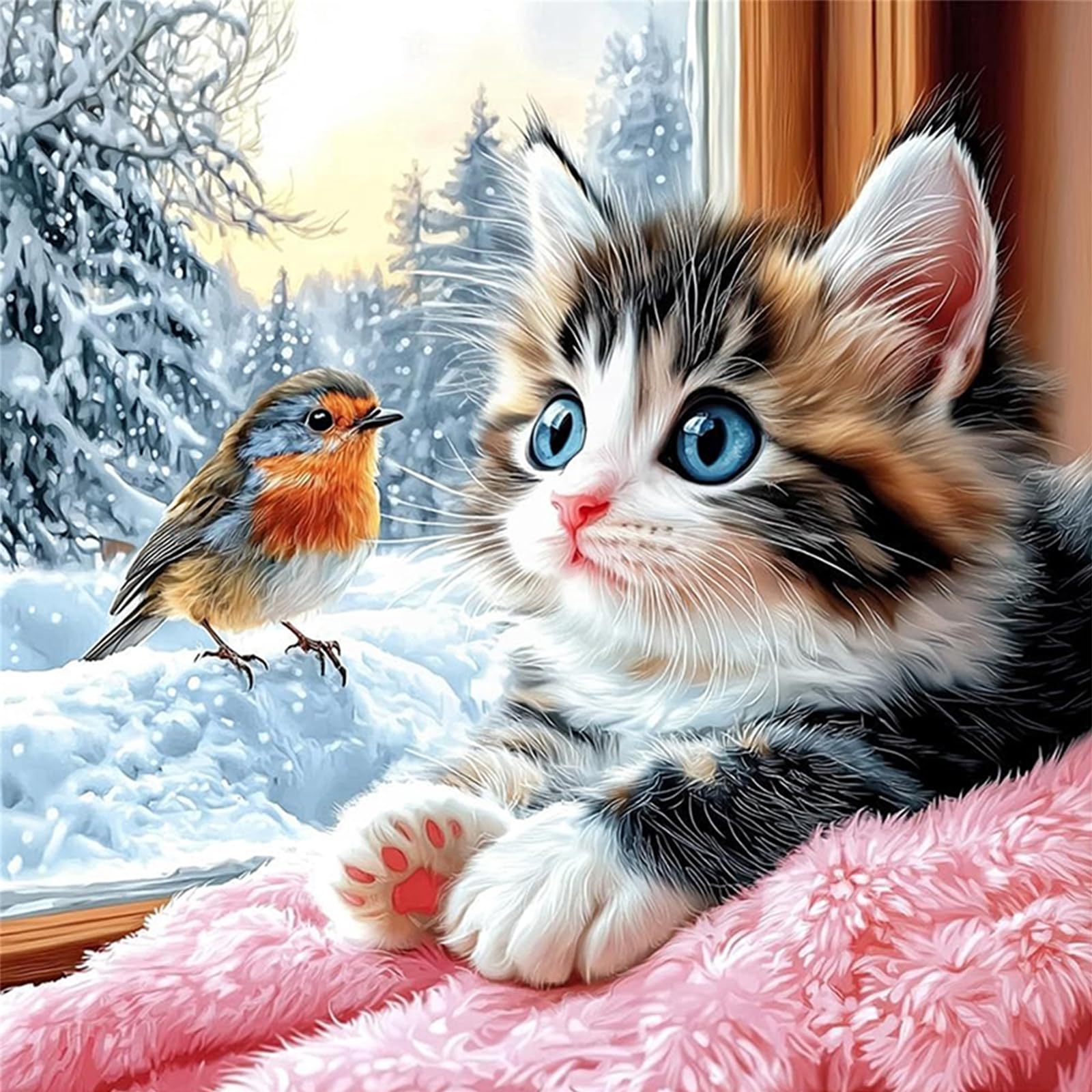 Kitten Robin Window Full 14Ct 2 Strands Diy Counted Cross Stitch Kits For