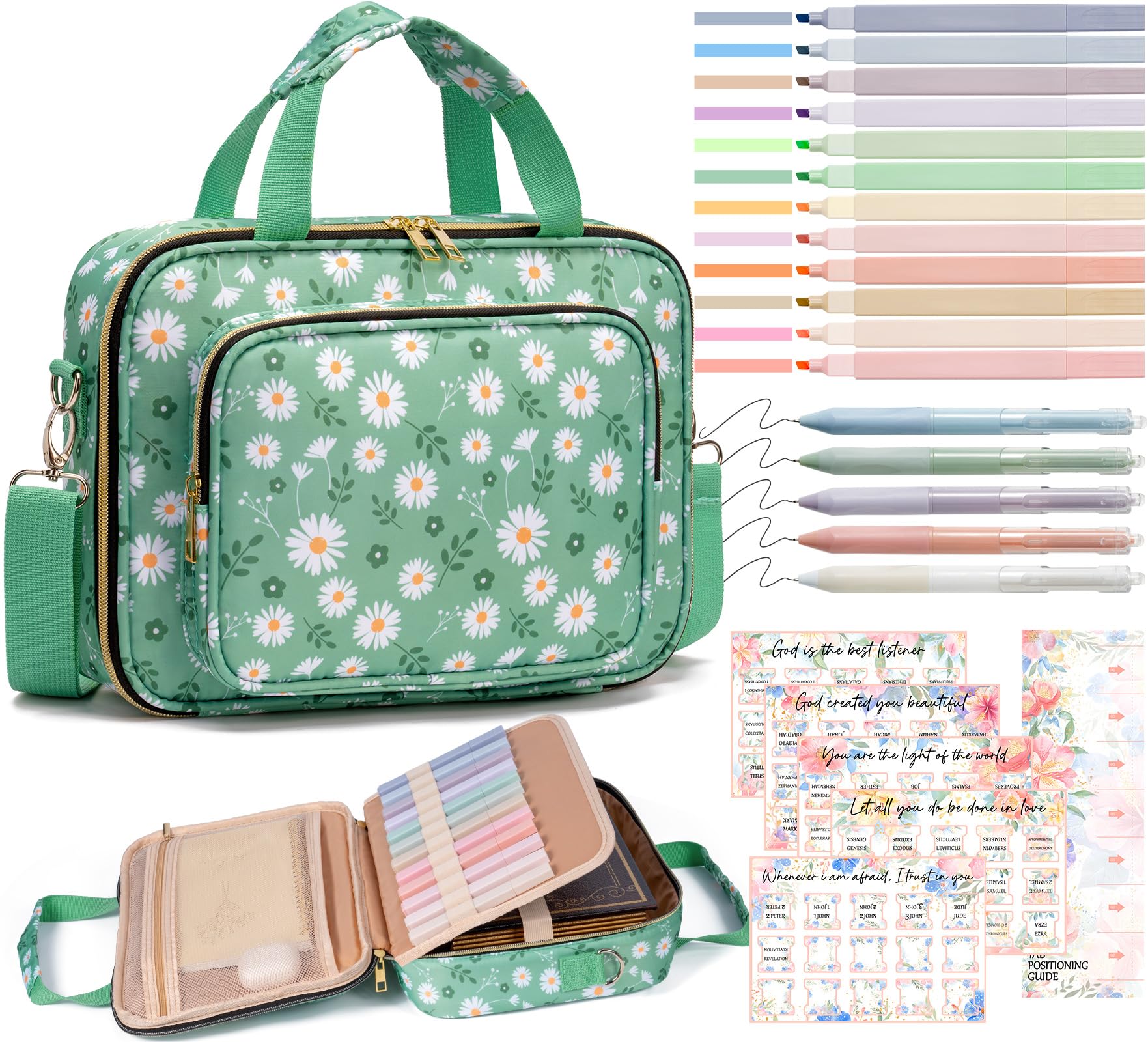Bible Cover Case for Women, Large Bible Bag w/Shoulder Strap, Bible Study Supplies Journaling Kit Book Carrying Case with Pastel Highlighters 75 Tabs,
