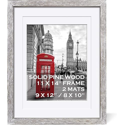 11x14 Rustic Picture Frames Solid Wood Distressed White - Display Pictures 9x12 or 8x10 with Mat or 11x14 Frame without Mat - Farmhouse Photo Frame 11x14 with 2 Mats for Wall Mounting or Table Top