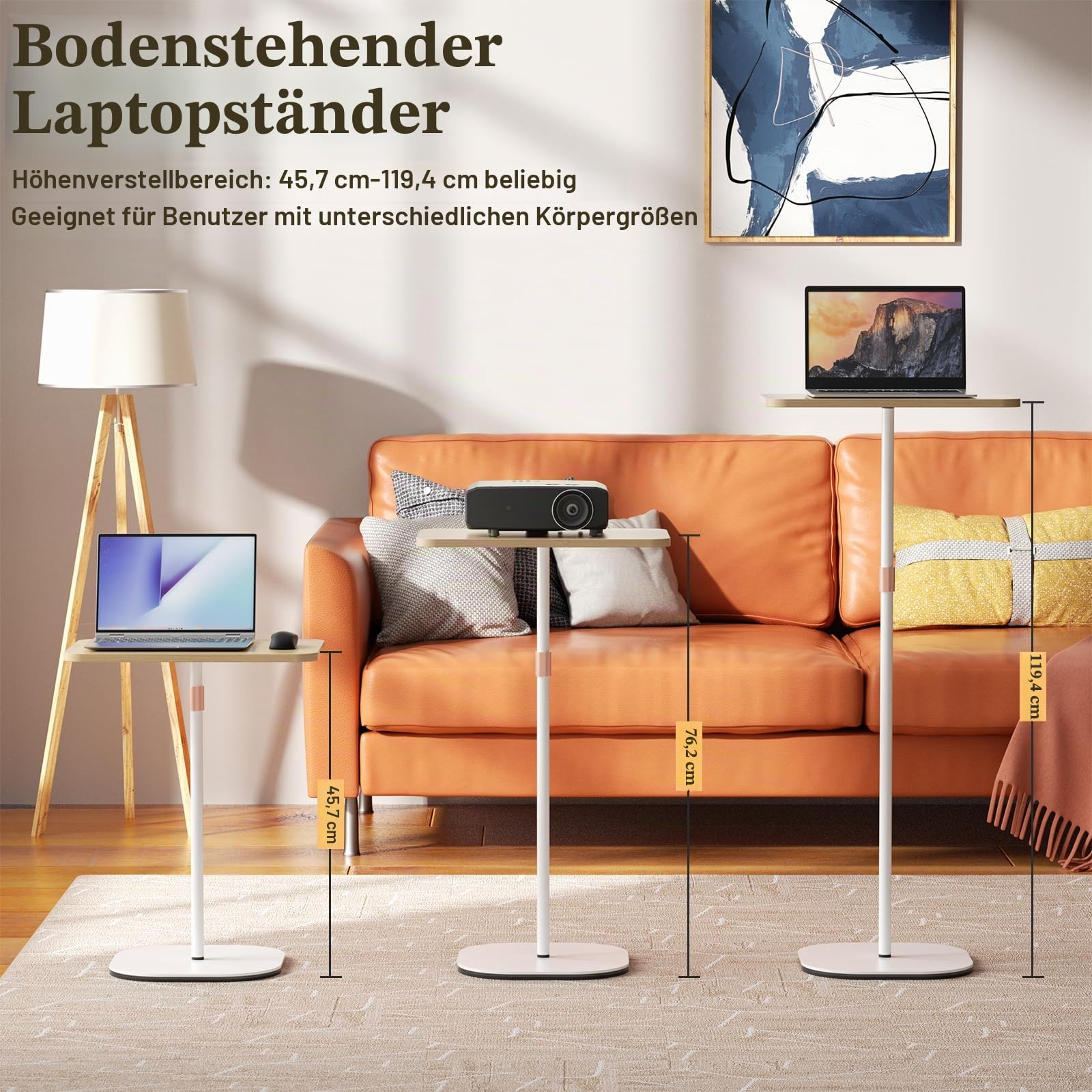 Beamer Ständer, Tragbarer Laptop-Bodenständer, Multifunktionaler Bodenständer Verstellbar Höhe von 47cm bis 120cm, Bett-/Sofatisch, Perfekt für Laptop/Projektor/Kamera/Buch, Einfache Montage (Weiß)