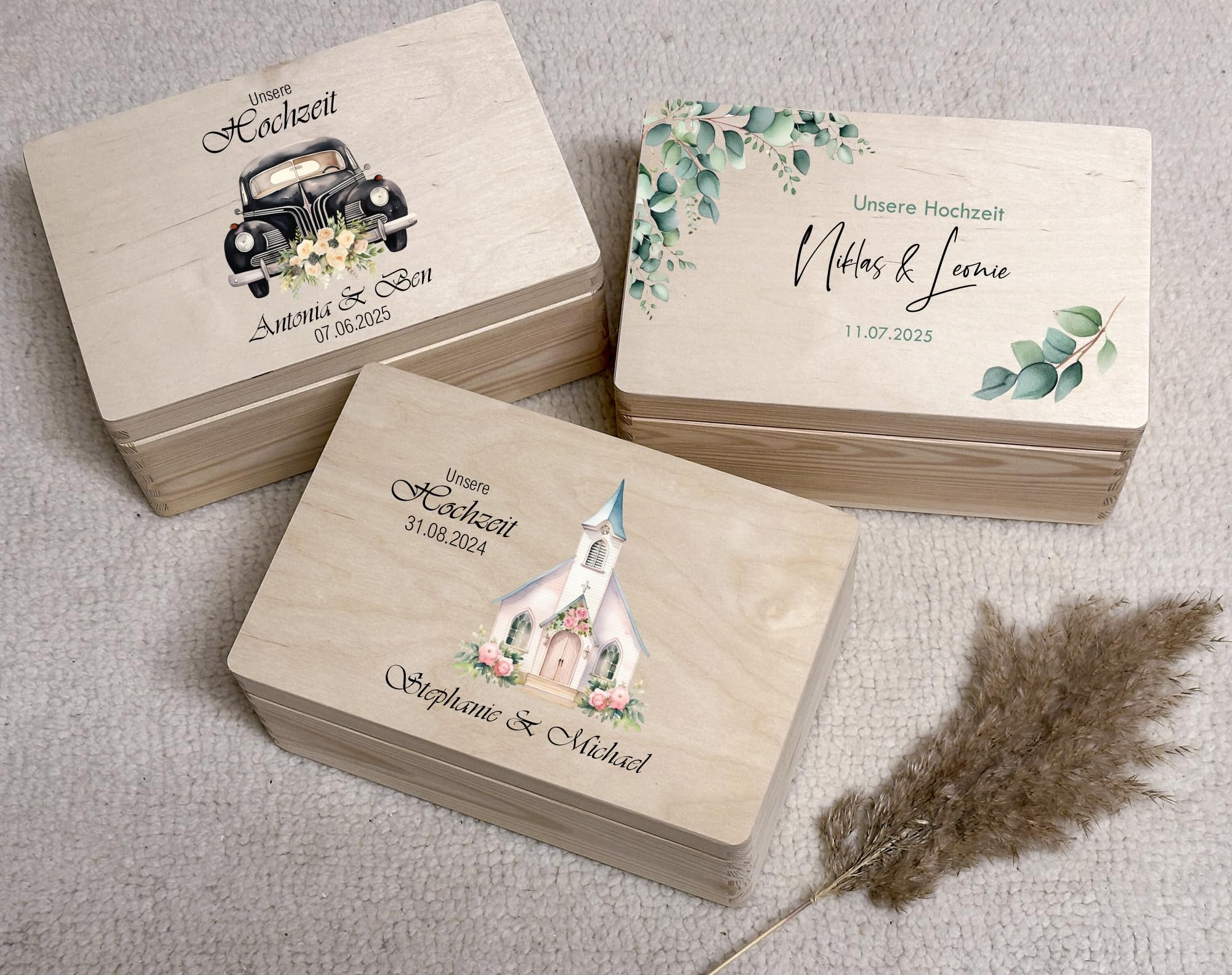 Erinnerungskiste Hochzeit aus Holz - Personalisiert mit Name - Aufbewahrungsbox Hochzeitsgeschenk Geschenkbox L (40x30x13,5 cm) Auto