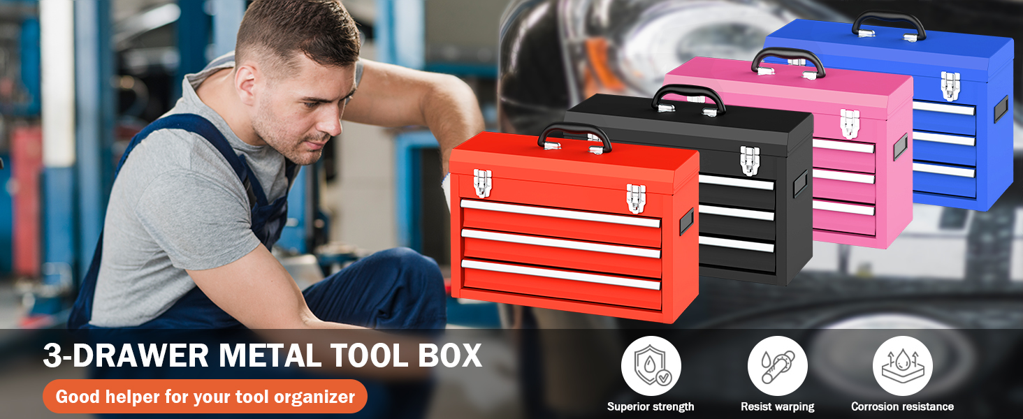 Gornoxblif 3 Drawer Metal Tool Box, Portable Metal Tool Box with