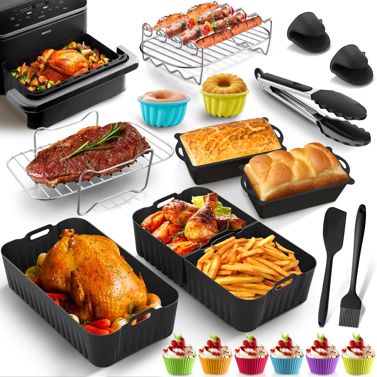 Accesorios para freidora de aire caliente Cosori Dual Blaze Twinfry XXL 10 L, 20 unidades, juego de accesorios con parrilla de acero inoxidable y 1 molde de silicona de 10 L y 2 x 5 L, resistente al