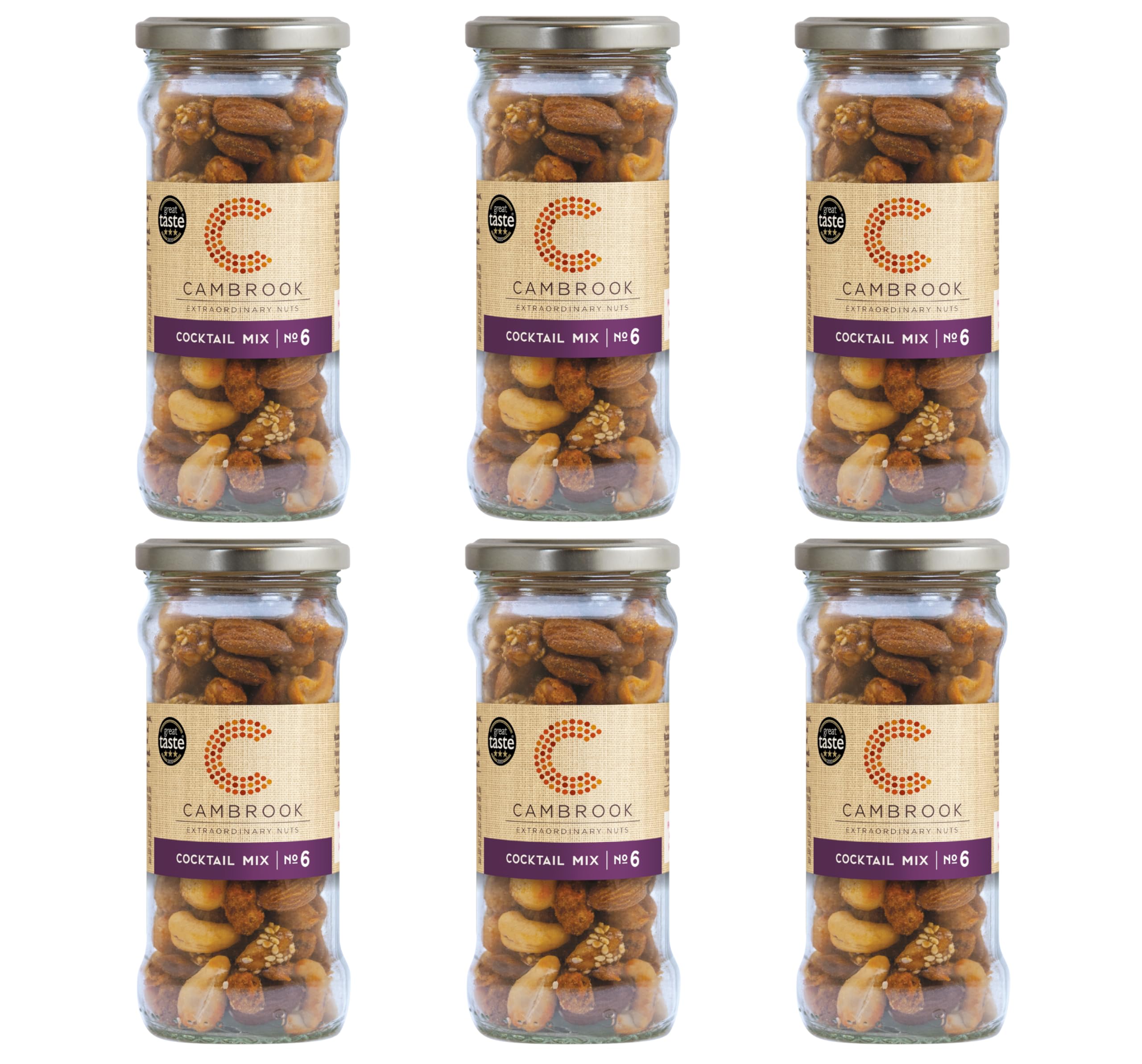 Cambrook - Cocktail Mix 6, Salted, Smoked, Caramelised & Spiced Mix of Nuts, 170g Jar Pack of 6