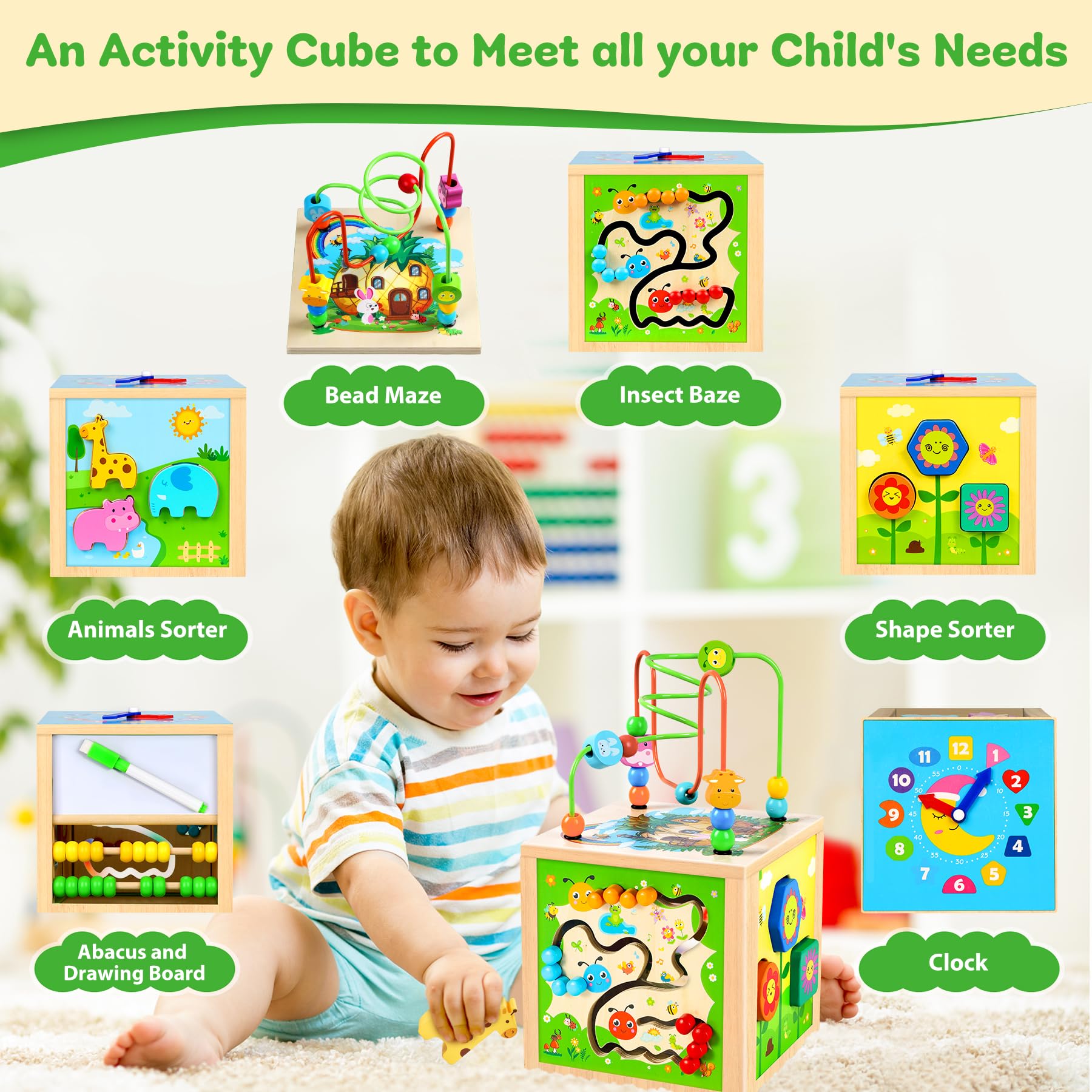 Jojoin Cubo di Abilità Motorie in Legno - Giochi Montessori 1 Anno Labirinto di Perline - Giochi Educativi Gioco di Smistamento Multiattivita Legno - Natale Compleanno Giochi Regalo Bambini 1 2 3
