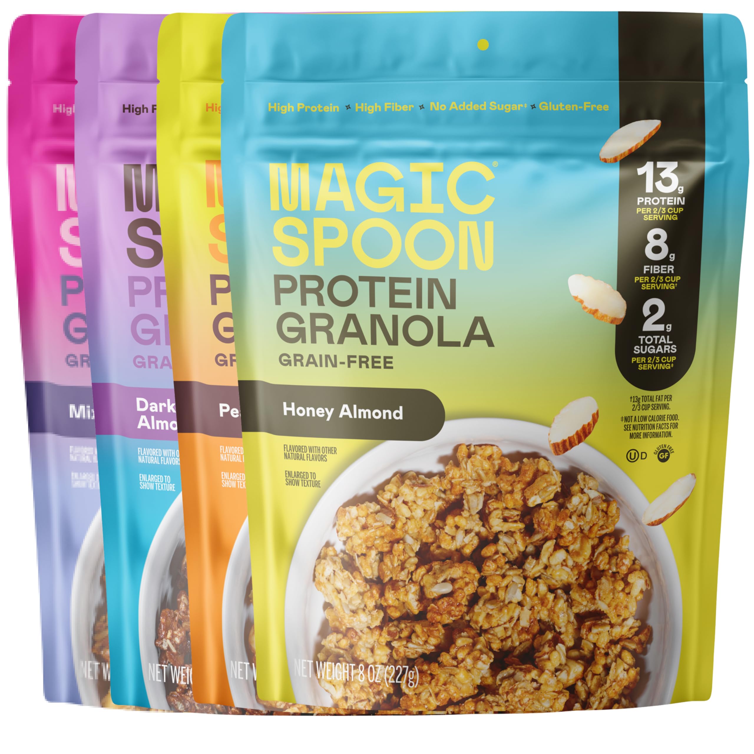 Magic Spoon Protein Granola - High Protein Granola, Keto Friendly, Low Sugar, Grain Free, Healthy Breakfast or Quick Snack (1 bag of each: Honey Almond, Dark Chocolate Almond, Peanut Butter, Mixed Berry)
