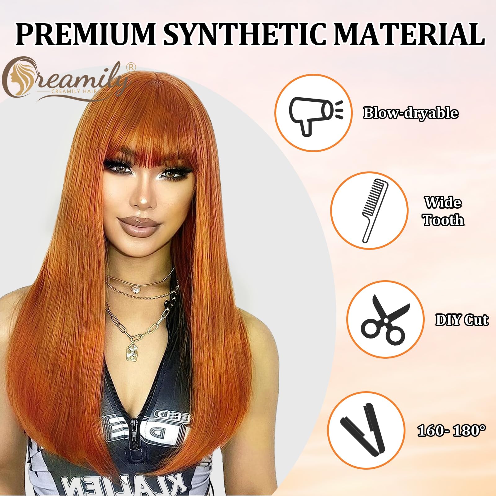 Creamily Long Orange Wig with Bangs - Image 4