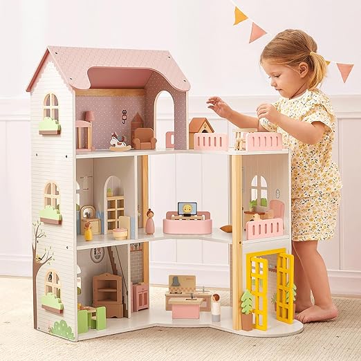 OOOK Wooden Dollhouse with 60 Pcs Luxurious Furniture Accessories, Including 4 Dolls and 2 Pets, Large 3-Story Doll House with 6 Rooms, Doll House for 3 Year Old