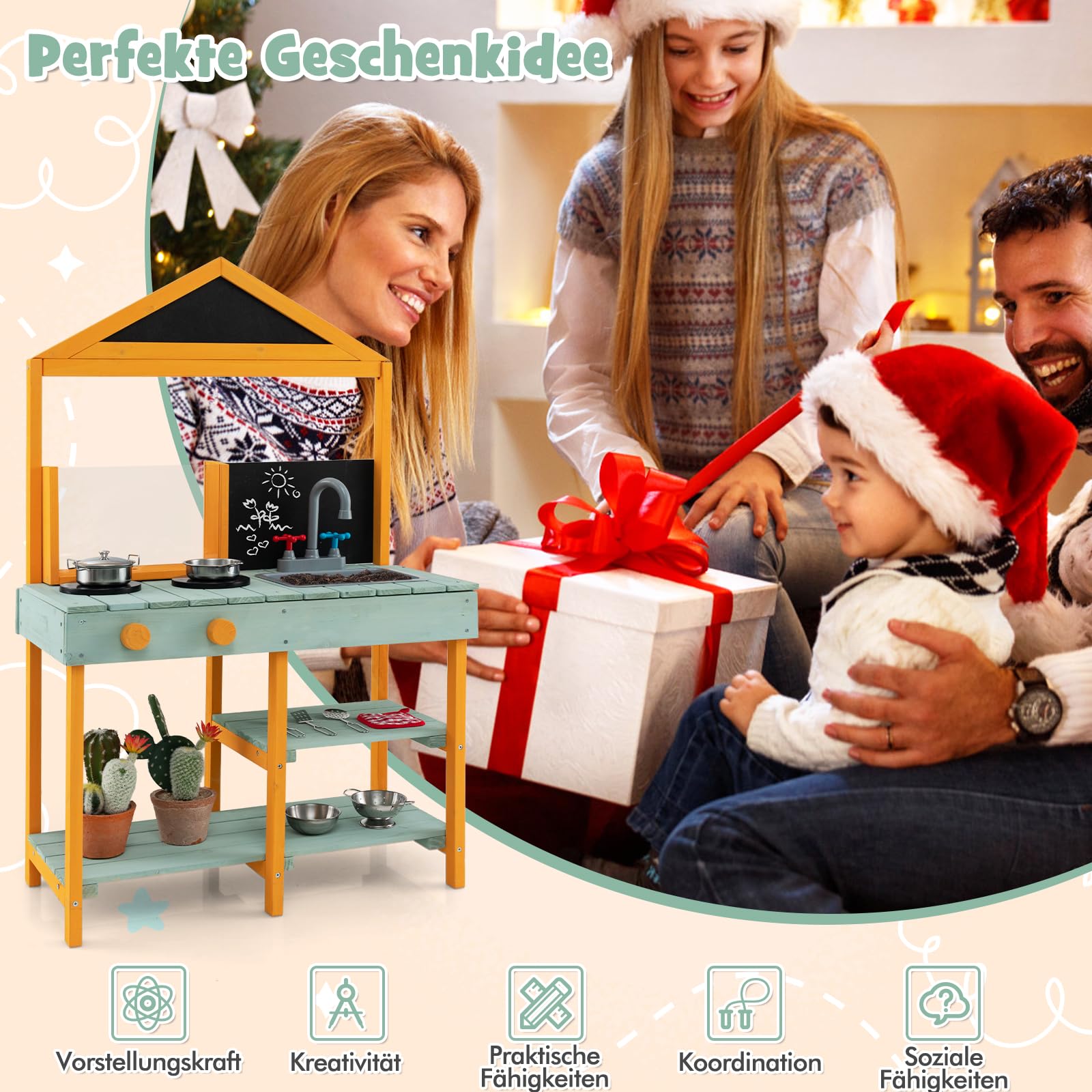 DREAMADE Matschküche Kinder Outdoor, Kinderküche Tannenholz, Spielküche mit Wasserhahn, Waschbecken, Herd, Tafel & Pflanzenbetrachter, Outdoor Küche inkl. 8 TLG. Zubehör für Kinder ab 3 Jahren (Grün)