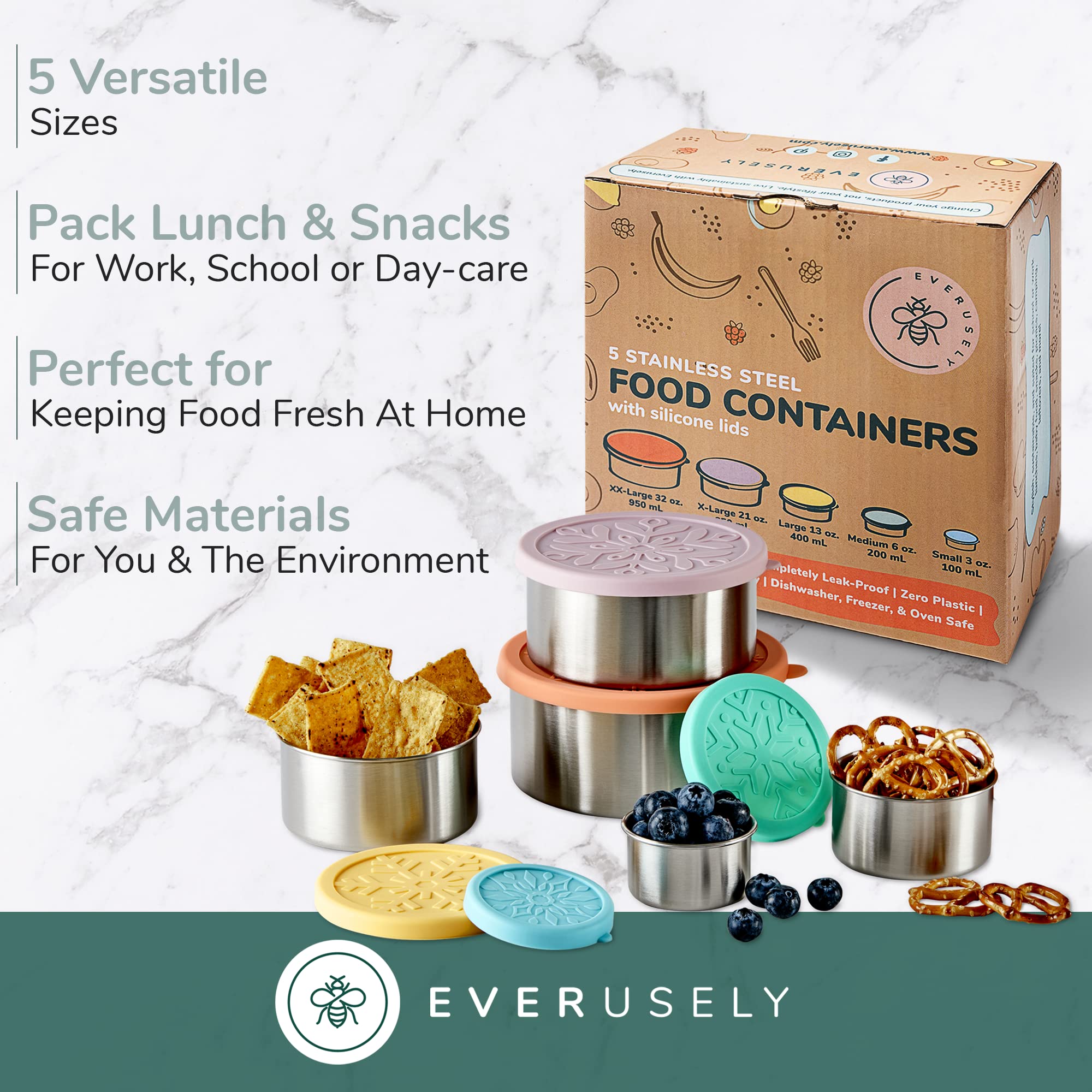 Everusely Stainless Steel Food Containers With Lids, Reusable Snack