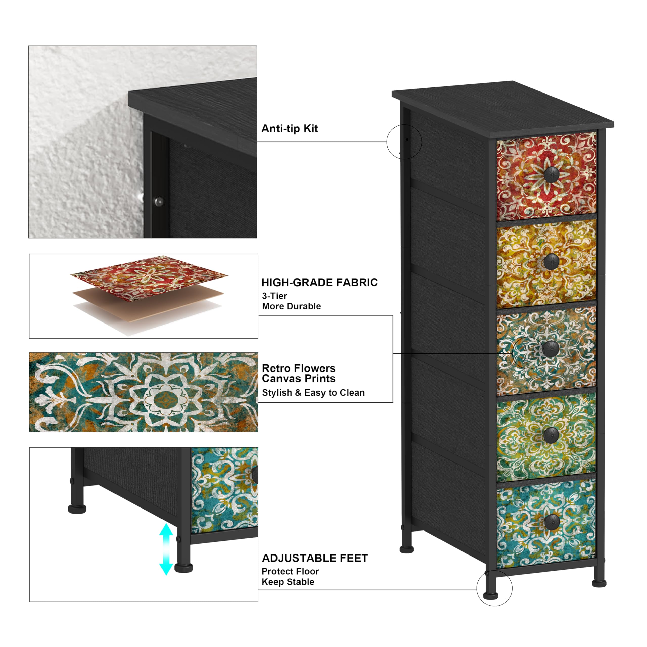 VEDECASA Smalle Commode Met 5 Stoffen Laden - Boheemse Kaptafel Ladekast - Metaal Frame Houtlook