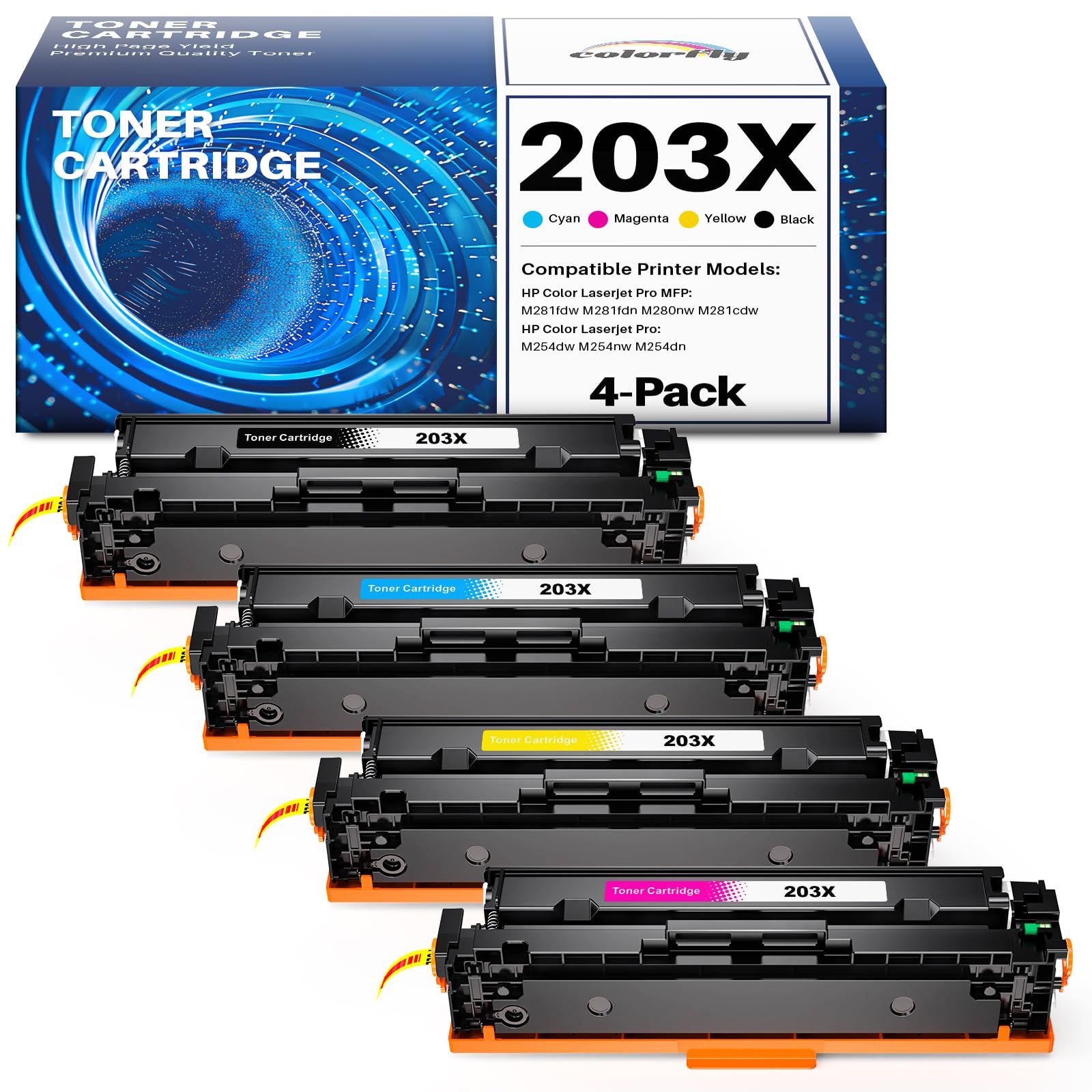 colorfly 203X Compatibile con HP 203X 203A CF540X CF540A per HP M281fdw Toner per Color Laserjet Pro MFP M281fdw M254dw M254nw M281fdn M280nw M281cdw M254dn (4 Pack Con Chip)
