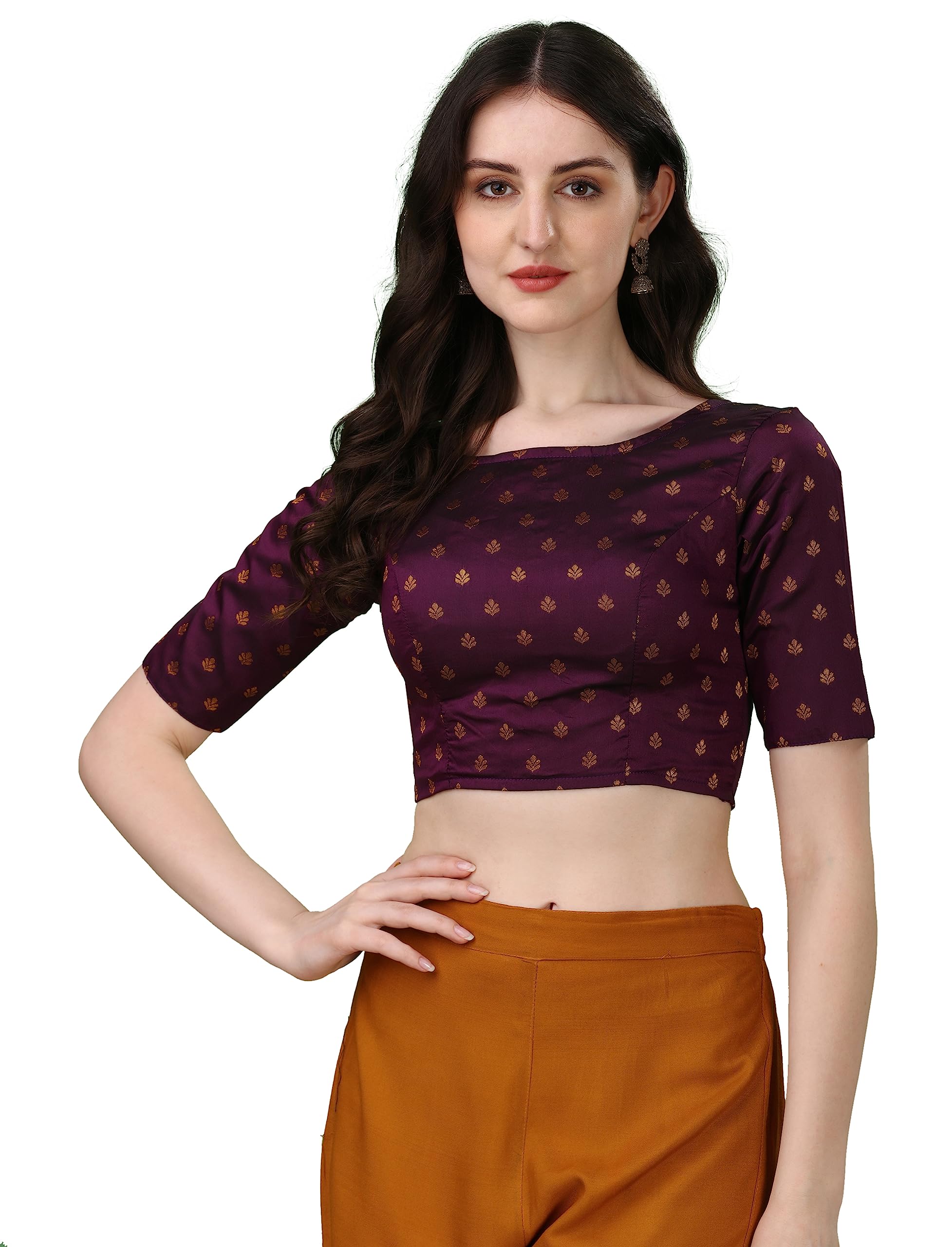 oomph! Women Jacquard Half Sleeve Readymade Blouse, Brocade, Boat Neck, Jaquard High Neck Choli-picture-11