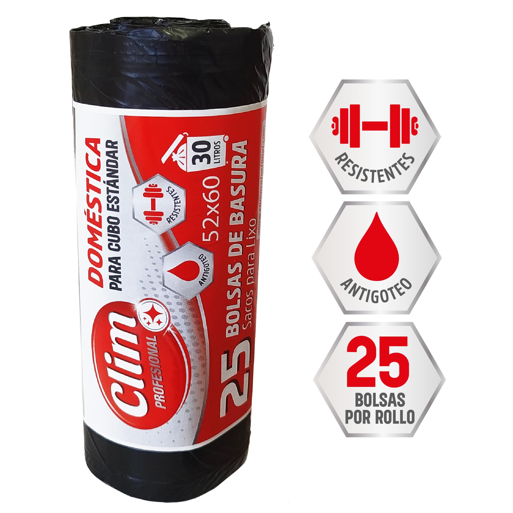 Clim Profesional 1250 Bolsas de Basura para Papelera de Oficina. 50 Rollos de 30 Litros Negras con Sistema Antigoteo y Refuerzo Especial. Sin Autocierre.