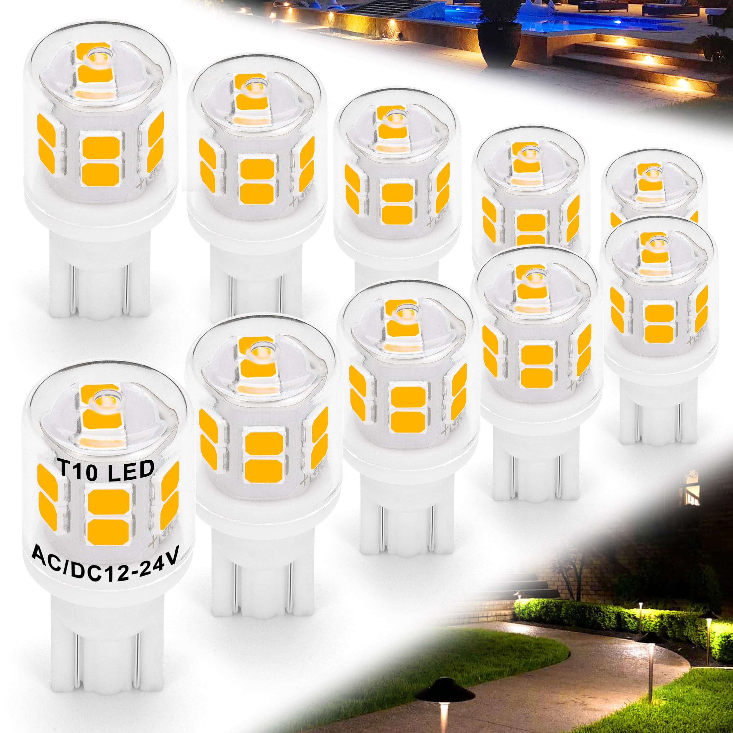 HylroeLow Valtage T5 T10 LED Bulbs 2 Watt Equivalent 11W 18W Warm White 2700K 300 Lumen AC/DC 12-24V 921 194 Wedge Base LED Bulb for Outdoor Landscape Walkway Lawn Path Step RV Camper Lights, 10 Pack