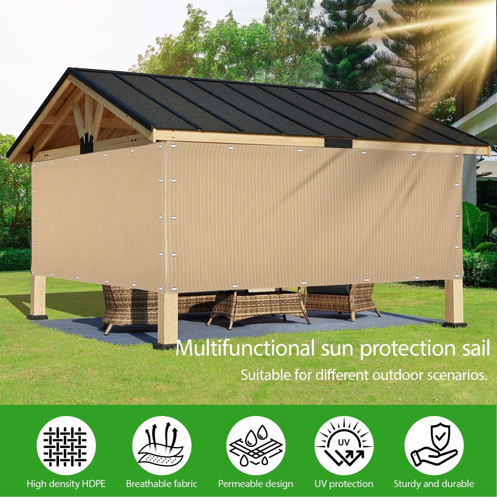 Żagiel Przeciwsłoneczny HDPE Prostokątny 220 x 340 cm Oddychający HDPE Oddychający Oczka Ze Stali Nierdzewnej Dla Patio, Dziedzińca I Basenu, Beżowy