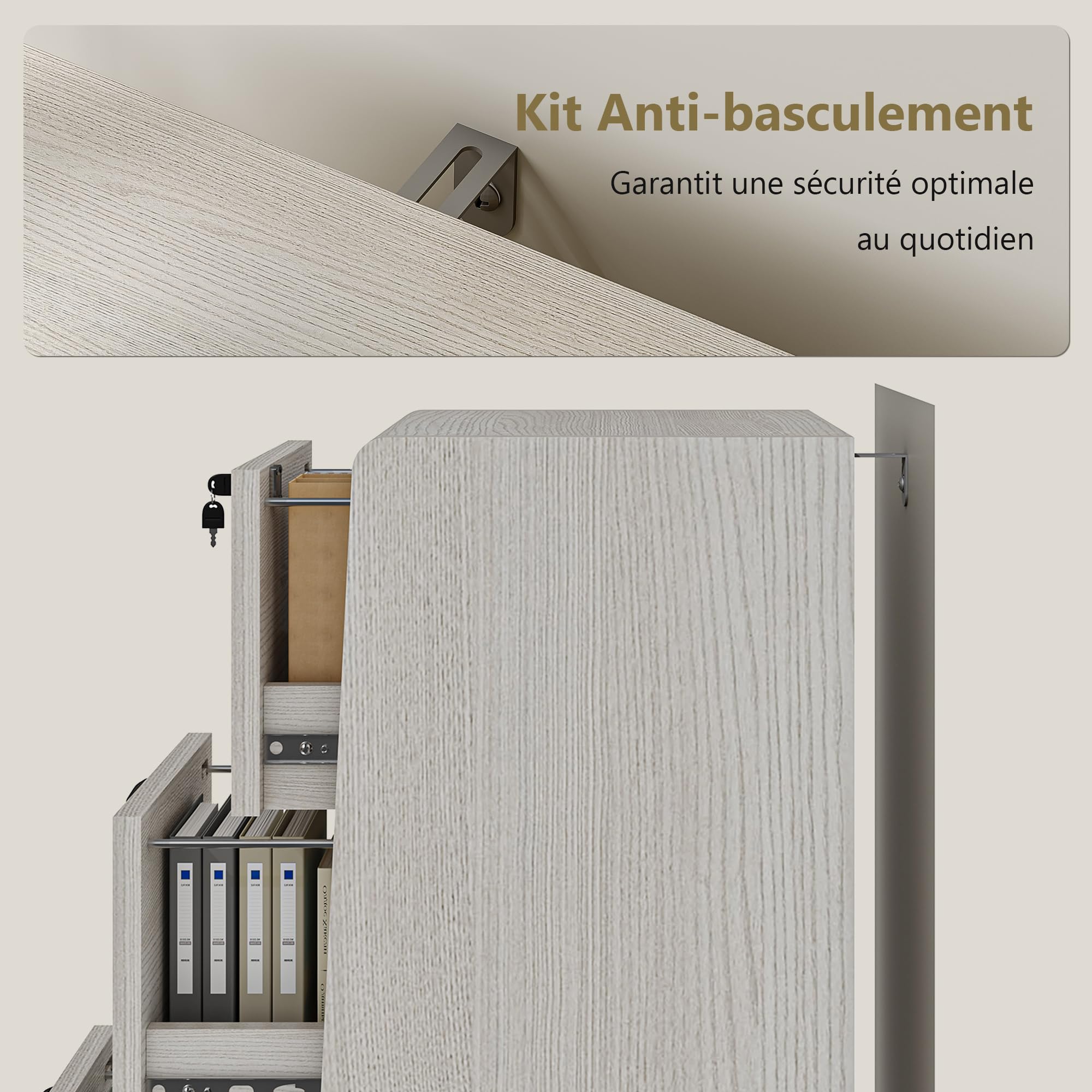 iPormis Caisson de Bureau à 3 Tiroirs, verrouillables, avec Serrure, Rails de Suspension réglables, pour dossiers A4 et Format Lettre