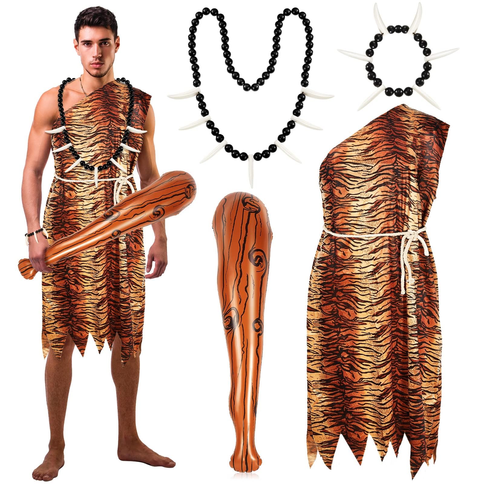 Azonee Men's Jungle Man Costume, Costume Jungle Necklace Tooth Bone Bracelet Inflatable Cave Bat Prehistoric Caveman Accessories for Halloween(4 Pcs)