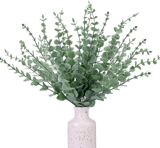 CEWOR 24pcs Eucalyptus Stems Decor Artificial Eucalyptus Leaves Faux Greenery Branches for Wedding Centerpiece Flower Floral Arrangement Farmhouse Home Decoration