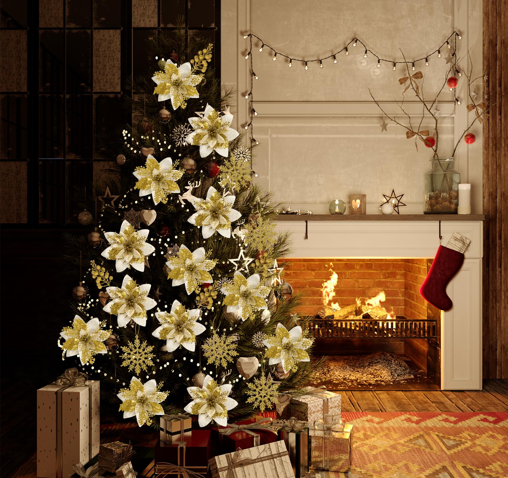 2 Fleurs De Poinsettia Artificielles Pailletées Vertes - Décorations De Noël Pour Sapin, Couronne Ou Intérieur