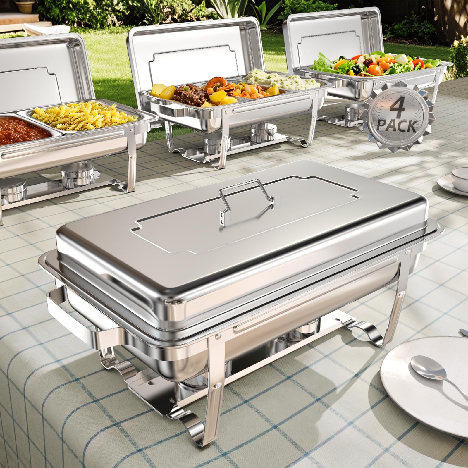 sifer chafing dishes for buffet 4-pack 9qt, multi-compartment pans tool-free setup, foldable stackable chafing dish buffet set stainless steel for party catering wedding, silver