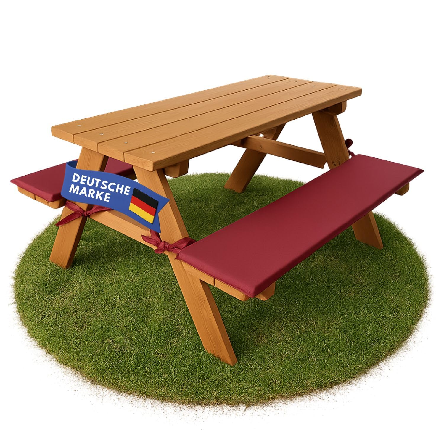 Coemo Robuste Kinder-Sitzgarnitur Outdoor mit 2 Polster Picknicktisch Kindersitzgruppe Kindertisch für Garten und Balkon Spieltisch Gartentisch Holz (Rotbraun, 89x79x50cm)