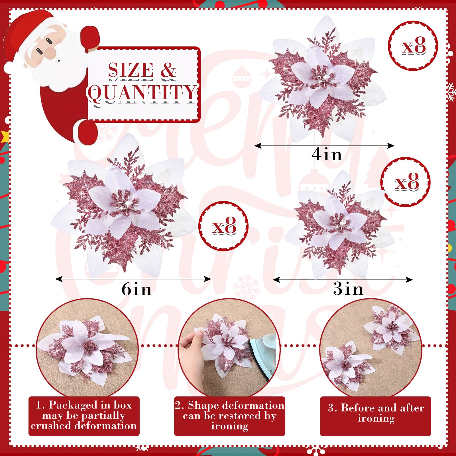 Geosar 24 Christmas Glitter Artificial Poinsettia Flowers Xmas Poinsettia Artificial Wedding Flowers Decorations Xmas Tree Ornaments with Clips for Party Favors 6 Inch - Image 2
