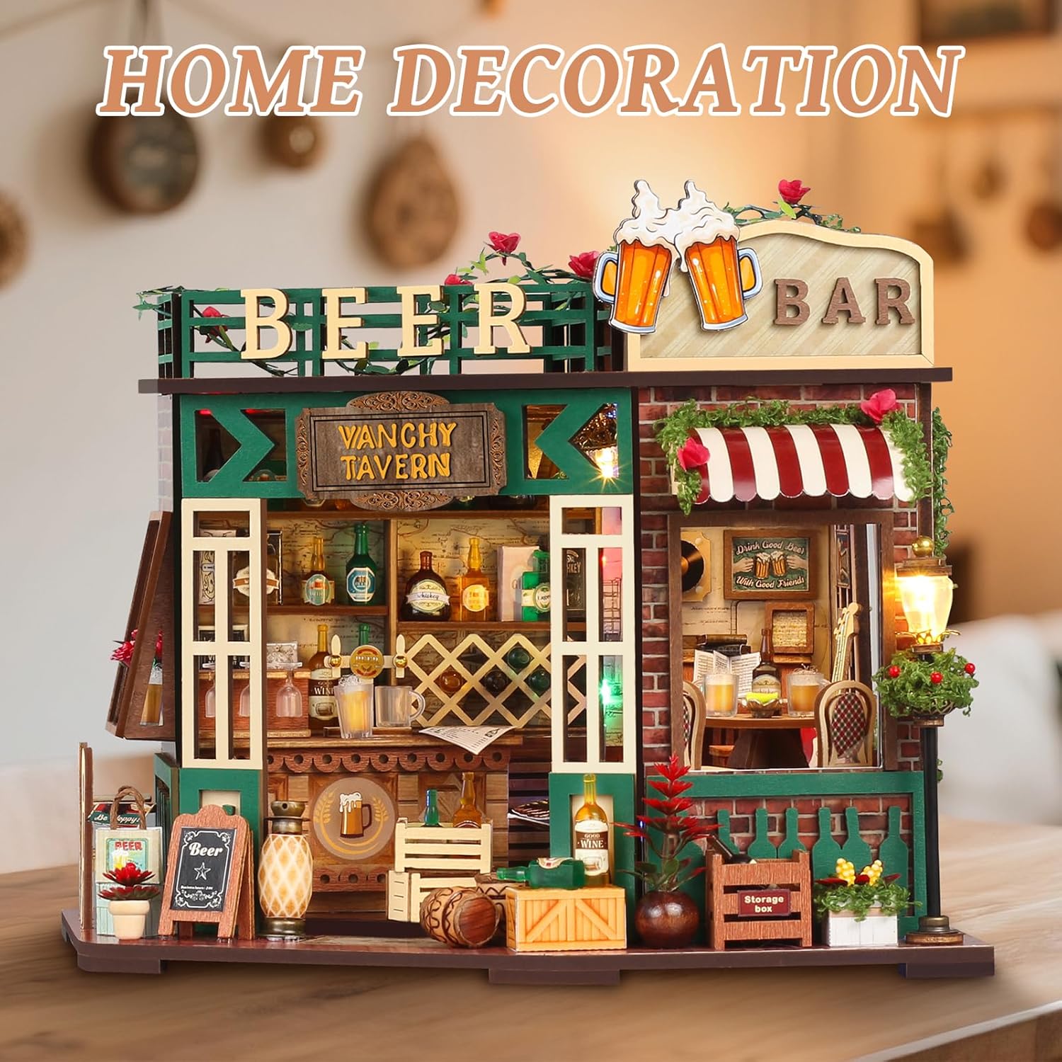 Miniature House Kit, DIY Miniature Dollhouse Kit, Mini House Building Kits with LED, Unique Gift for Birthday Christmas Day, Beer Bar
