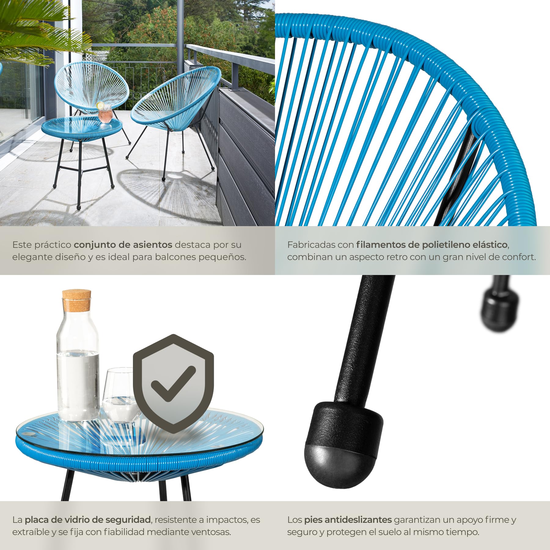 tectake® Conjunto Muebles Jardín Exterior de Acero, Estilo Acapulco, 2 Sillas y 1 Mesa con Cristal, Mesa y Sillas de Terraza Resistentes a Intemperie,Topes en Patas, para Interior y Exterior - azul