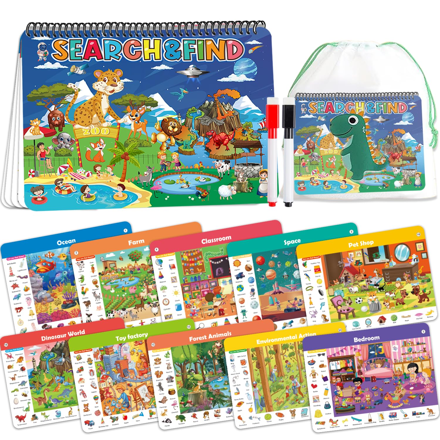 Busy Board - Libros de Búsqueda y Descubrimiento Reutilizables, Adecuados para Niños de 3, 4 y 5 Años, Libro Montessori, Juguetes de Juegos de Viaje, Actividades de Automóviles, Juegos Educativ