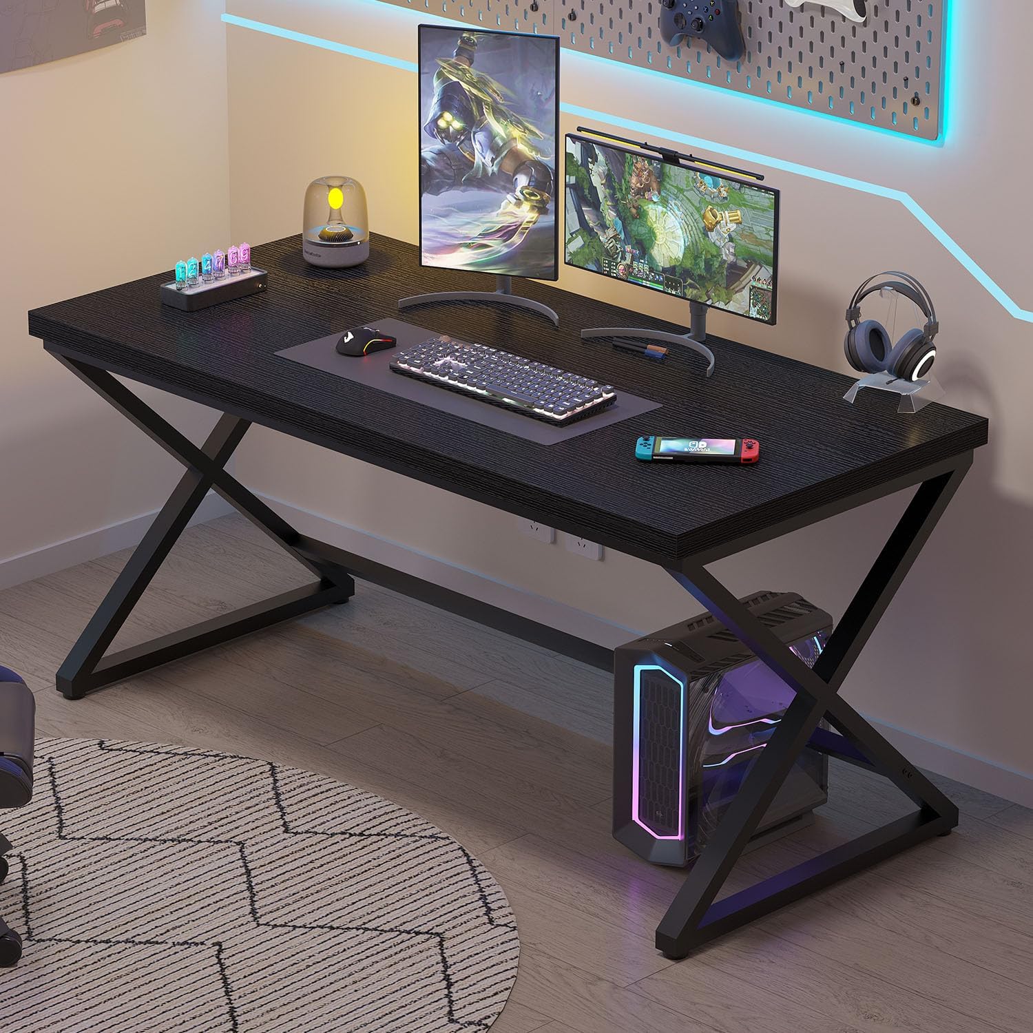 IBF Black Desk, Modern Computer Desk for Home Office, Industrial Simple Pc Gaming Writing Study Desk in Bedroom, Wood Metal Laptop Workstation Executive Work Computer Table, Black Oak, 55 Inch - Image 6