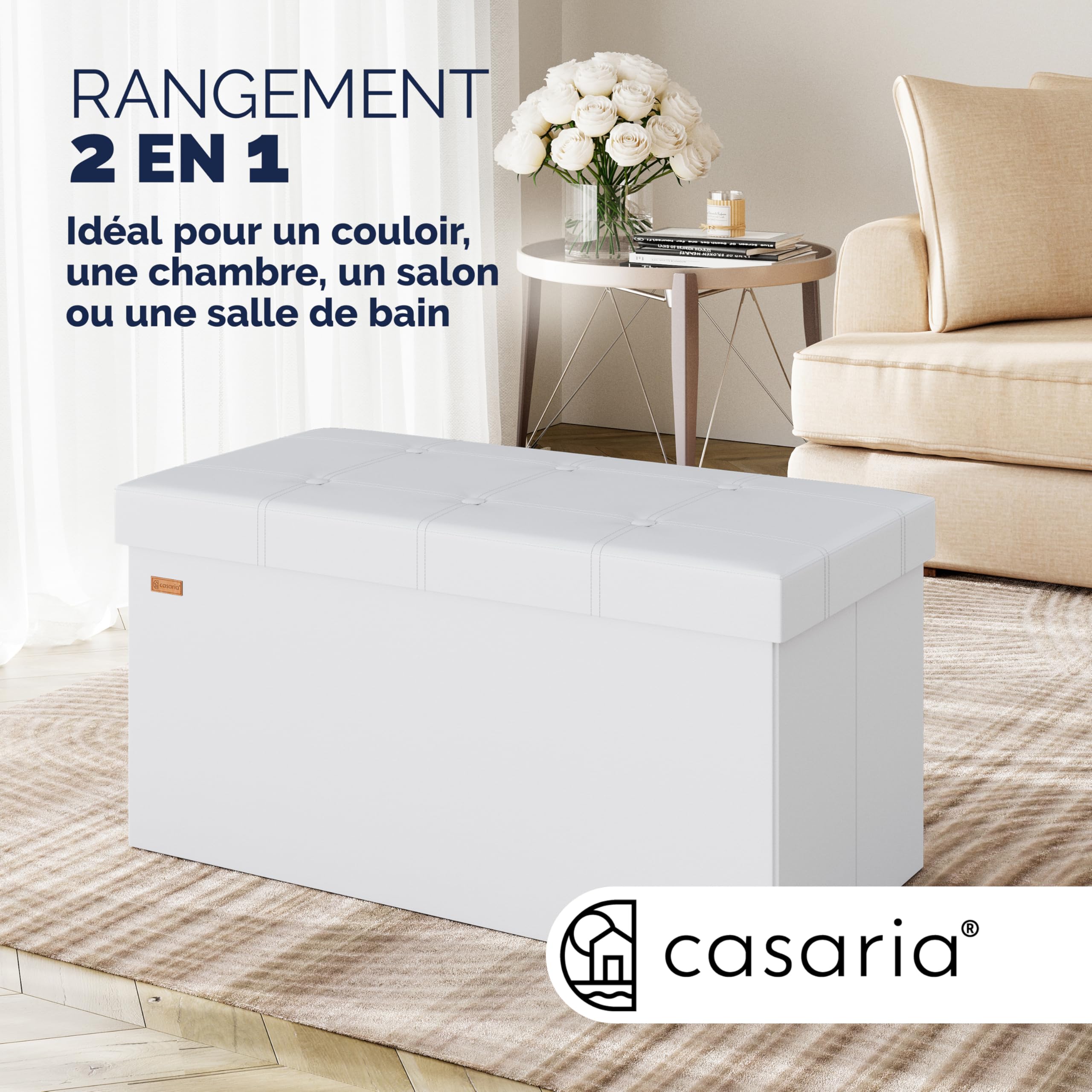 Casaria® Banc de Rangement Blanc 80 x 40 x 40 cm Siège Coffre de Rangement Pliable 100L pour Salon Chambre Couloir