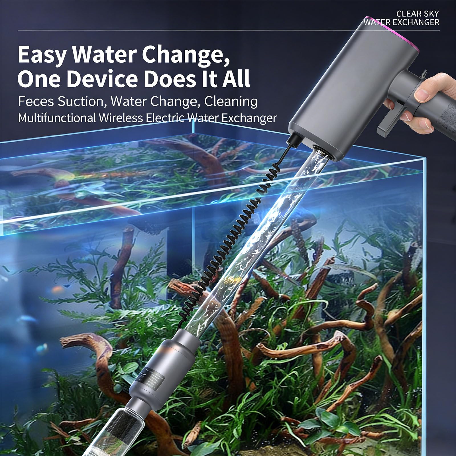 Potente cambiador de agua para cisterna de peces de 18 W con entrada de 27 mm y pantalla de gestión digital, limpiador integrado para acuarios