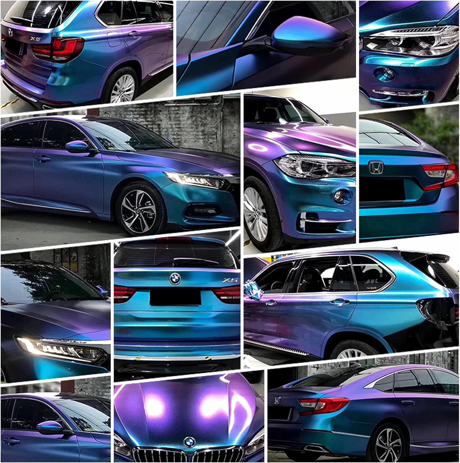 Glossy Galaxy Purple to Light Blue Chameleon Vinyl Wrap Sparking Diamond Glitter Purple Blue Color Change Self Adhesive Vehicle Film Roll Car Exterior Interior Decoration (59.84'' x 39.37'')