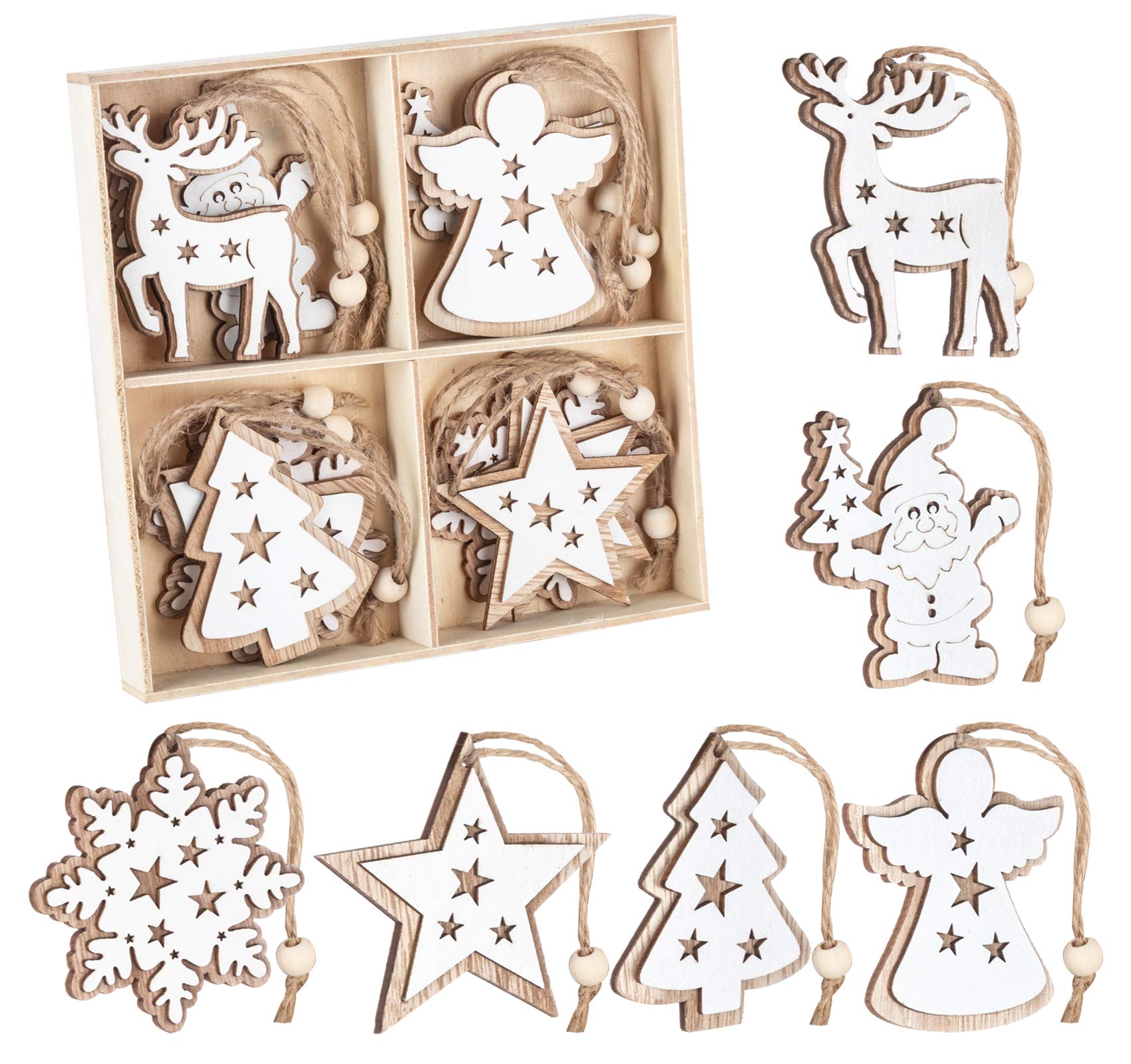 Adorfine 12 piezas de madera para árbol de Navidad, colgante de árbol de Navidad, colgante de madera, decoración para calendario de Navidad, decoración (blanco)