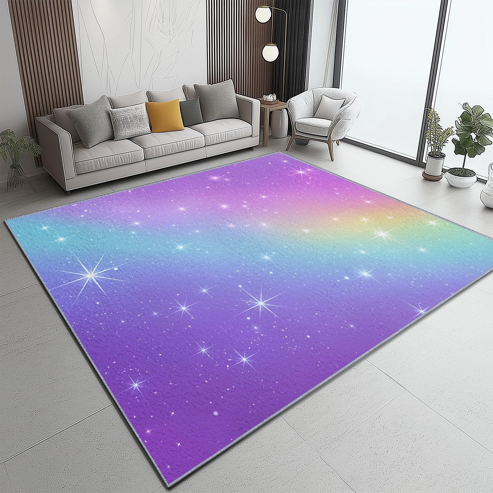 Bunt Flanell Teppich, Traumhaft Regenbogen Farbverlauf Sterne Bedruckter, Weicher Kurzflorteppiche, rutschfest und Waschbar, Bodendekoration 120 x 180 cm, Teppich für Wohnzimmer, Schlafzimmer & Büro