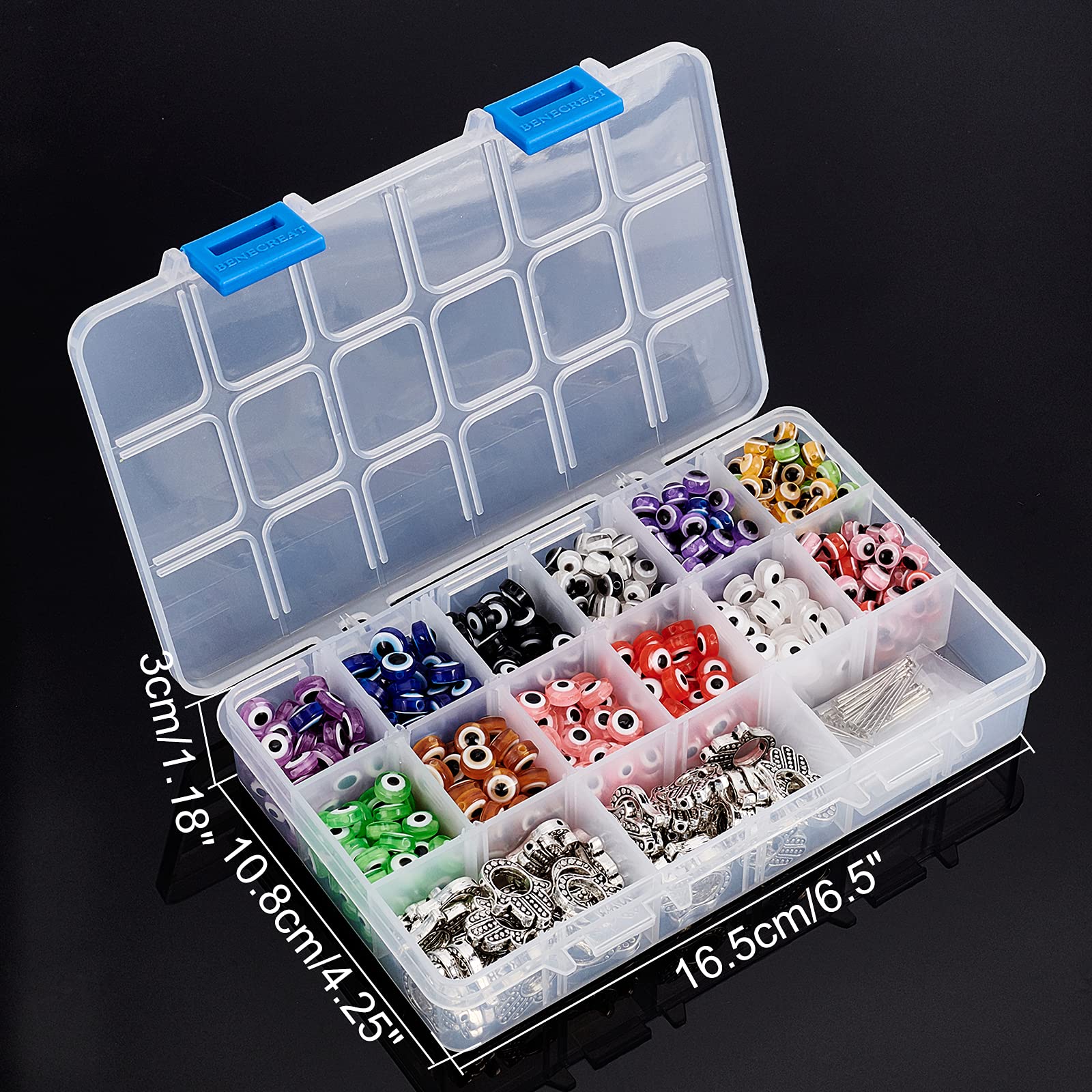 NBEADS Juego de 820 cuentas de mal ojo, 400 cuentas planas para el mal de ojo, 320 cuentas redondas de mal ojo, 50 piezas de mano de Hamsa y 50 pasadores de cabeza plana de latón para hacer joyas