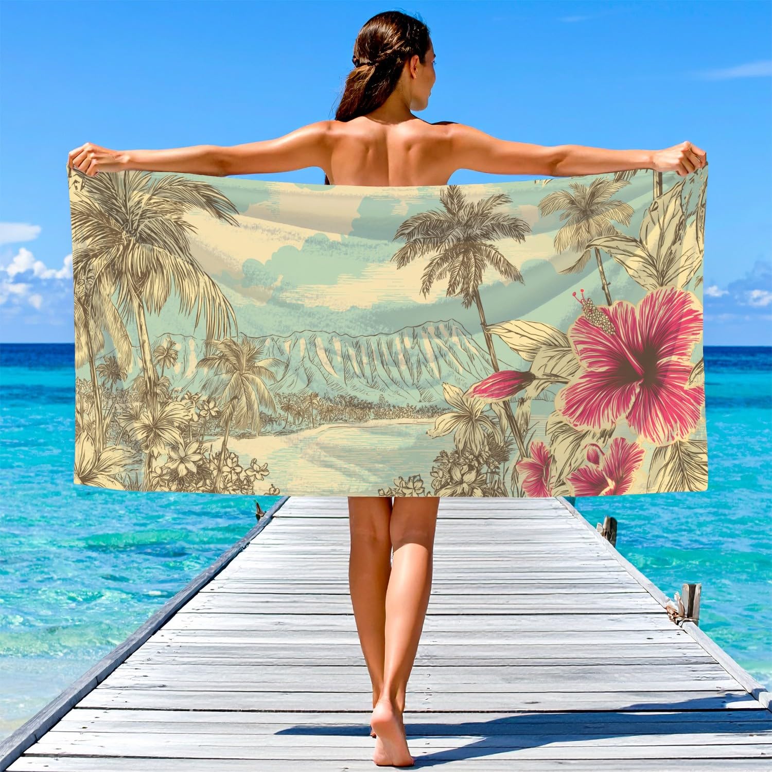 Retro, nostalgisch, klassisch Strandtuch 230 x 210 cm - Strandtuch trandtuch Leichtdünn Weich Strandtuch Hibiskusblüten, Berge, Strand, Palmen,für Strand, Pool, Yoga, Picknick