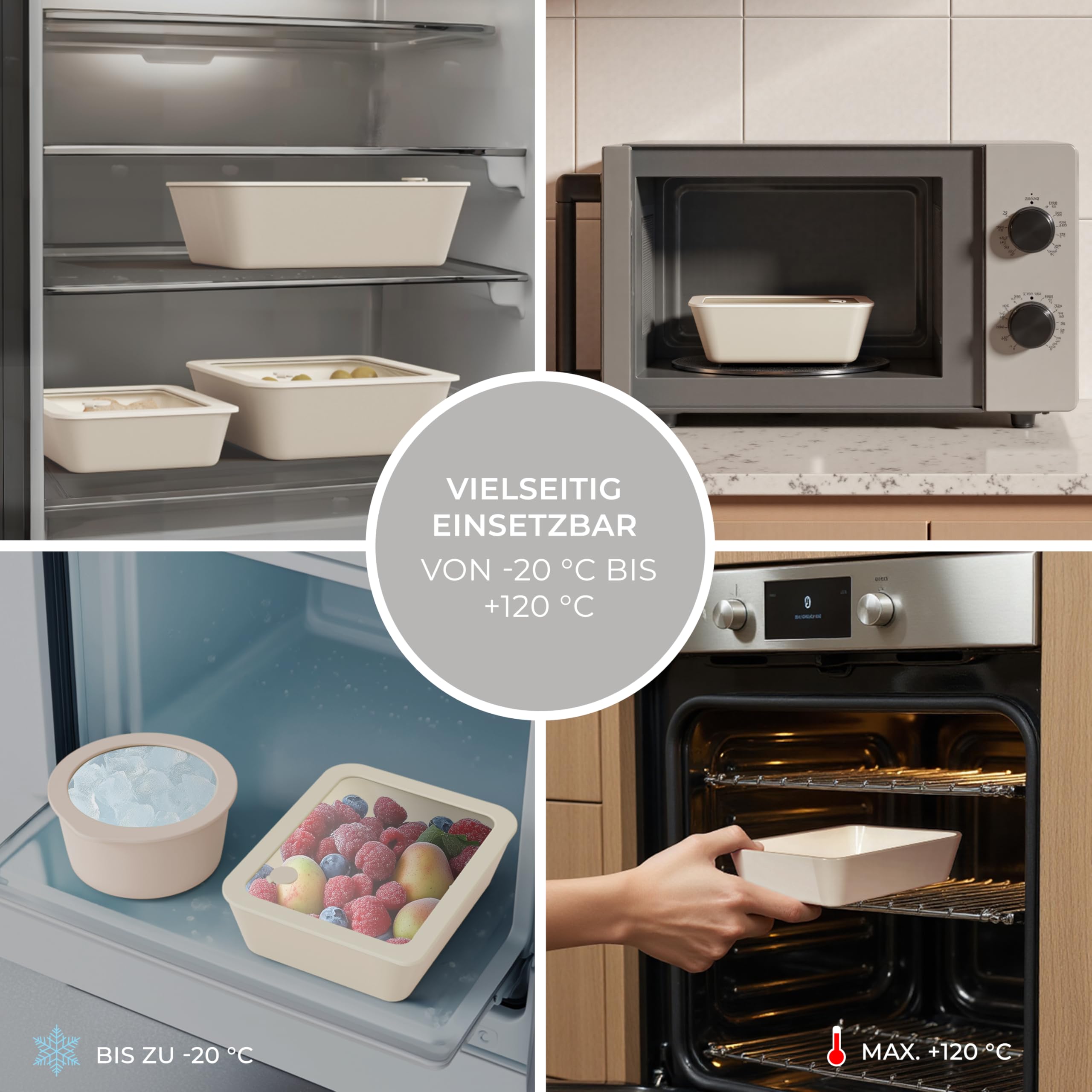 eckiges Vorratsdosen-Set Buoux in Beige | 3-teilig | mit Antihaftbeschichtung aus Keramik | Deckel aus Glas | Ofen- und Mikrowellengeeignet | Füllmenge: 0,7L - 1,4L - 2,7L