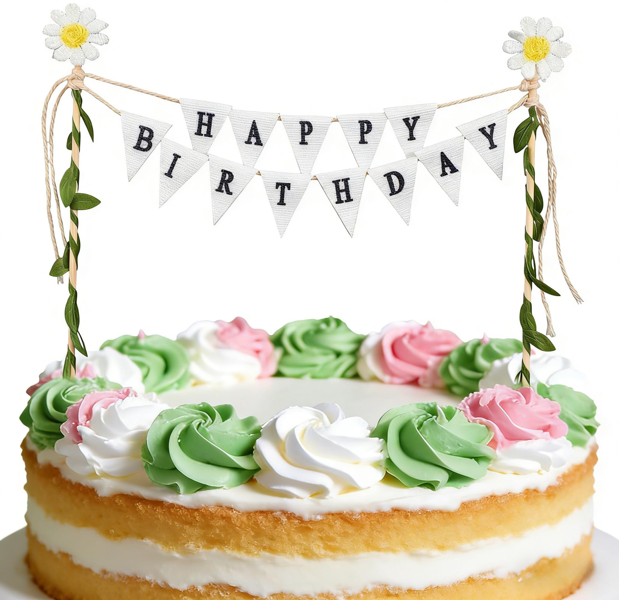 KSHGTB Birthday Cake Flag Banner, Handmade Pennant & Chrysanthemum Vines Happy Birthday Cake Topper Flag Banner Garland for Celebration Party Decor Supplies