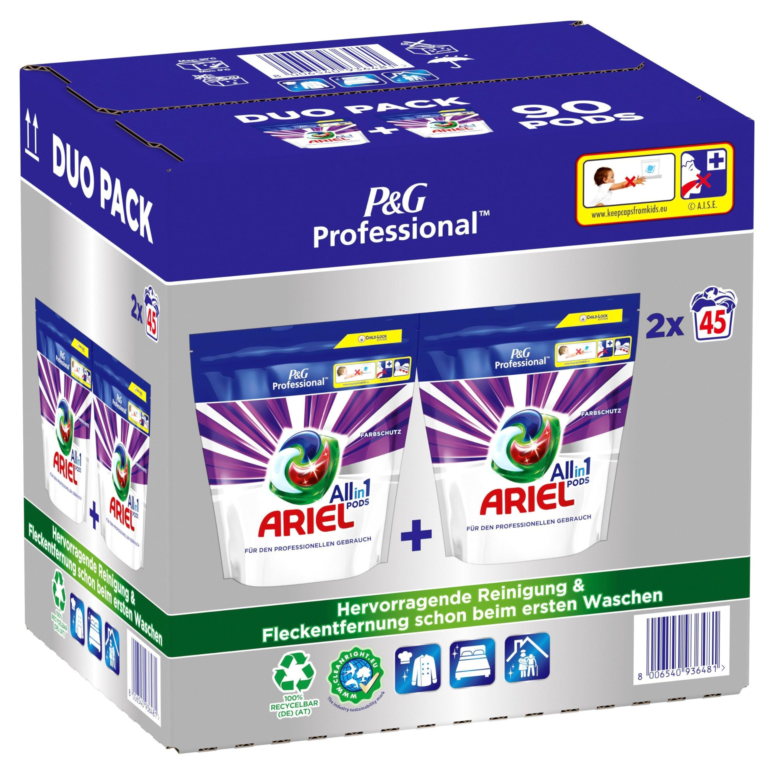 Ariel Professional All-in-1 Pods Color Waschmittel, 90 Waschladungen, (2 x 45 Kapseln), Ausgezeichnete Fleckentfernung schon ab der ersten Wäsche
