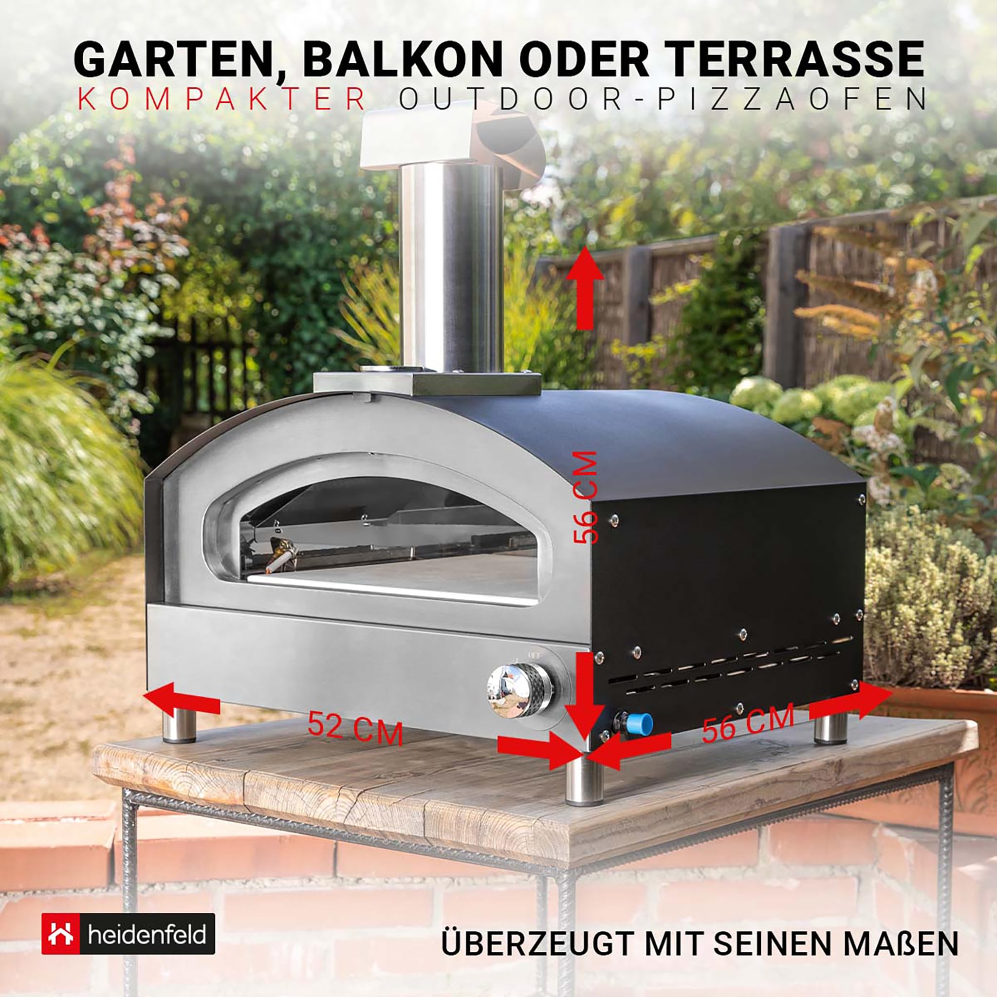 Heidenfeld Gas Pizzaofen Venezia | Gasofen - 500°C - Pizza Ofen - Pizzamaker - Edelstahl - Brot Backofen - Pizza Maker - Pizzastein - Pizza Grill - Gartenofen Outdoor (Silber)