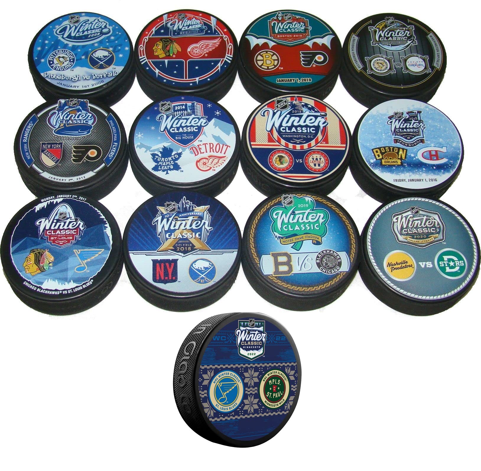All 16 Winter Classic Sherwood Dueling Souvenir Hockey Pucks Set