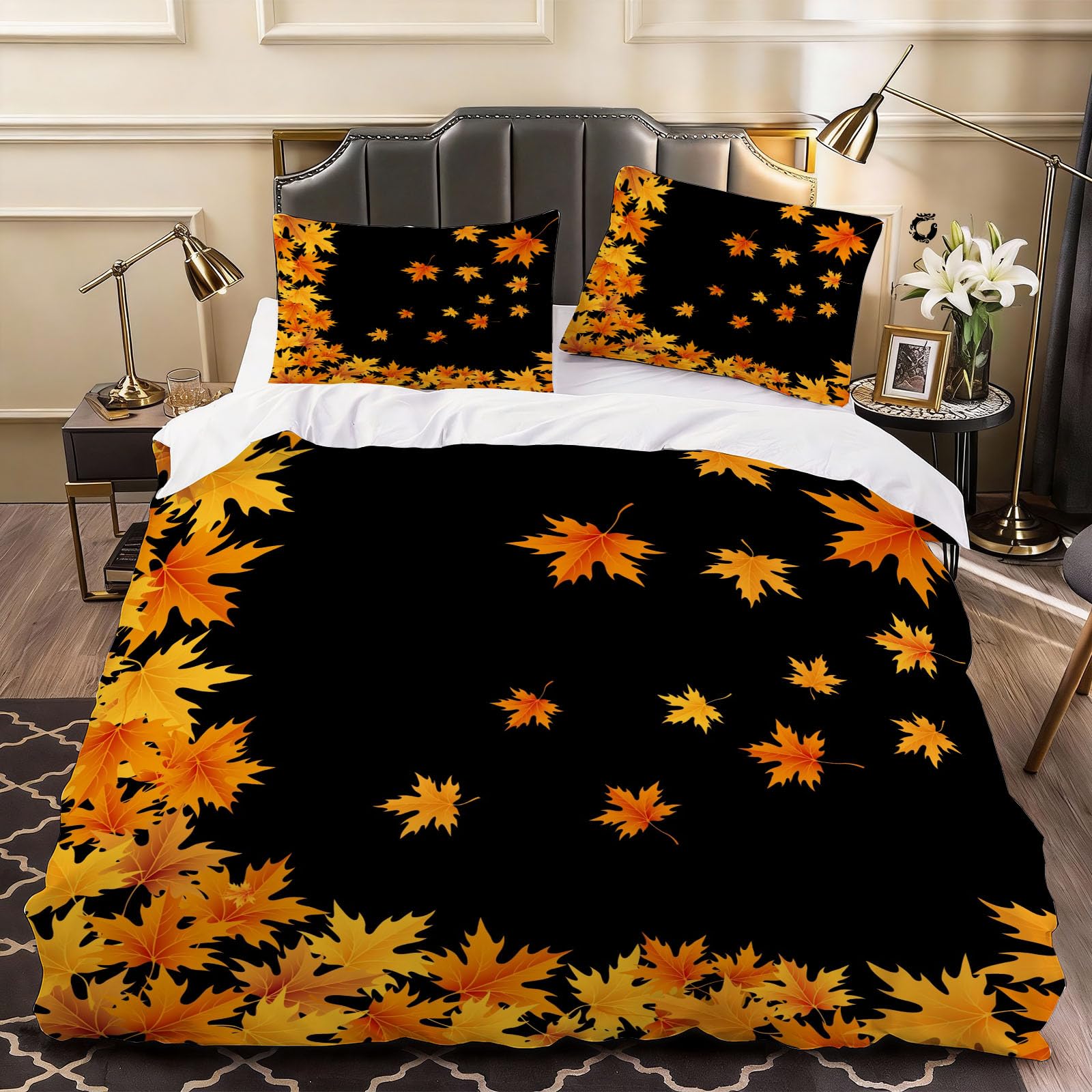 3D Autumn Maple Leaf Duvet Cover Leaves Bedding Super King Bed Set, Soft Microfiber Comforter Cover Printed with Zipper Closure Quilt Coverr 260x220 cm and 2 Pillowcases