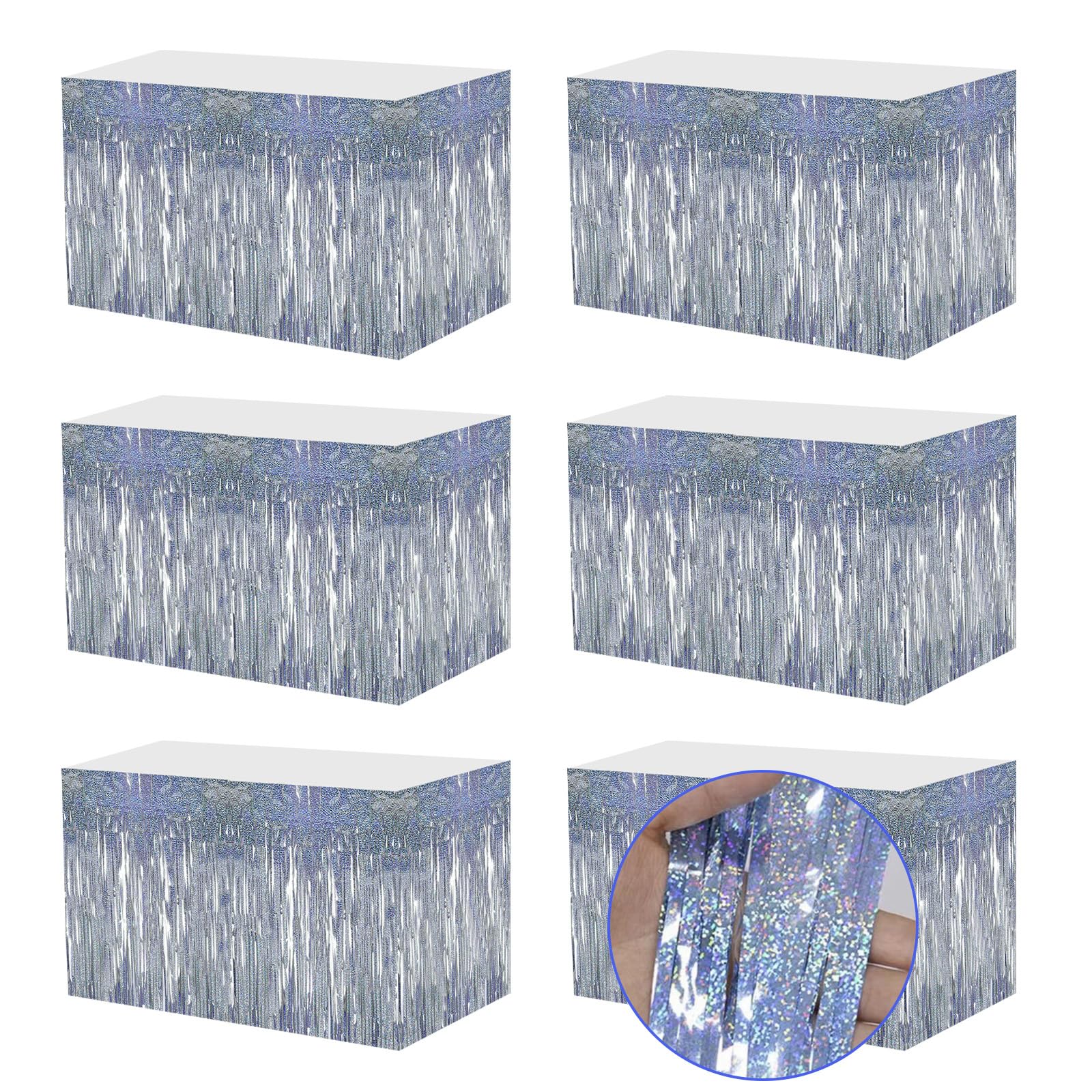 6 Pack 29.5'' X 108'' Iridescence Table Skirt Party Decorations Metallic Foil Fringe Tinsel Table Skirts Disposable Holographic Laser Table Skirts for Wedding Disco Birthday Party Supplies