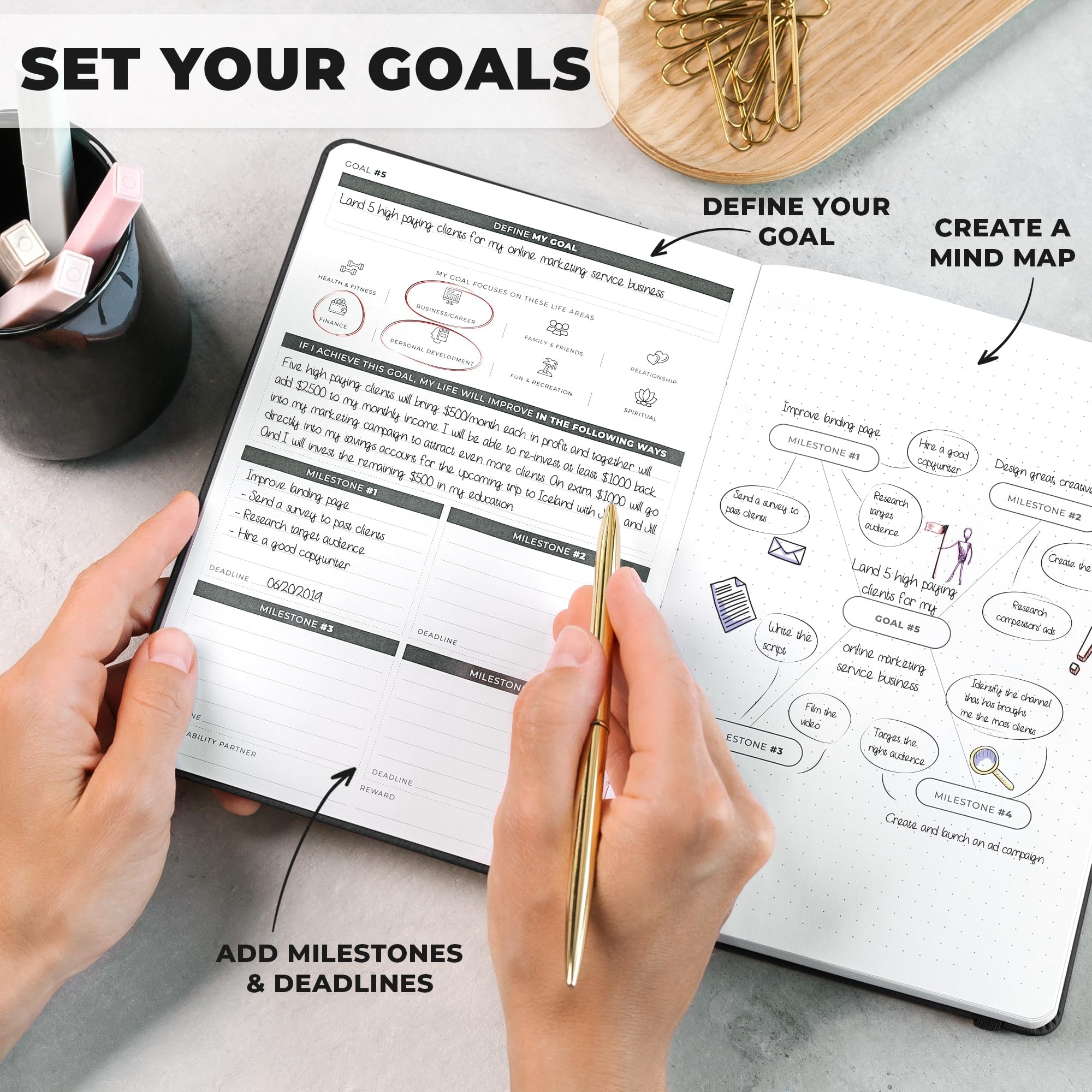 Clever Fox Planificador de objetivos de Ultimate Achiever's – Focus & Productividad, 90 días diario semanal mensual planificador diario y agenda horaria – Sin fecha, tapa dura, tamaño A5, negro ónix