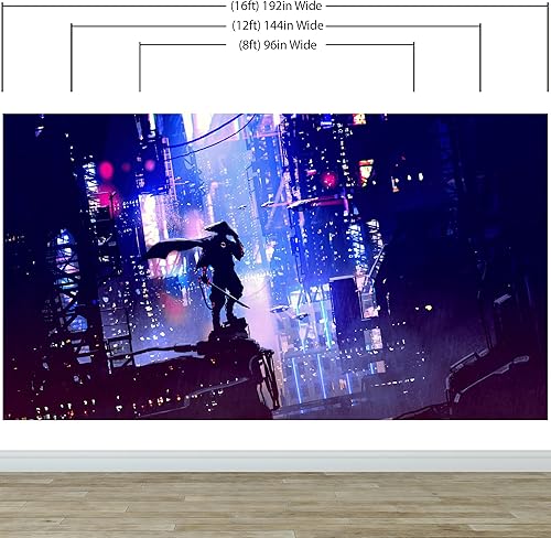 Miniatura 6 de Samurai japonés en Ciudad Neón Cibernética Futurista de Japón. Mural de pared Futuro retro de onda de sintetizador de estilo anime. Papel tapiz