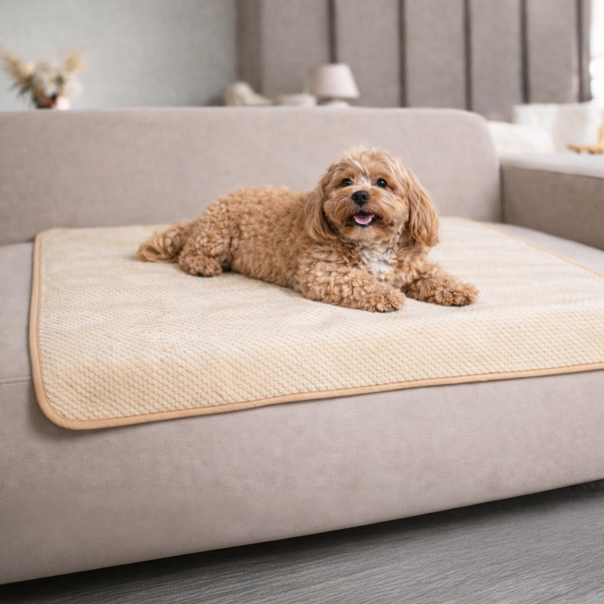 Dreamzie Coperta Impermeabile per Cani 80x100cm - Copridivano Impermeabile per Animali - Reversibile e Lavabile in Lavatrice in Pile Sherpa per Letto o Divano - Beige